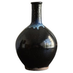 Japanese Antique Black Glazed Pottery Vase/1800s/Late Edo Period/Northern Japan