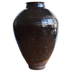 Japanese Antique Black Glazed Vase / Beautiful Glossy Vase / Edo / 1750-1850