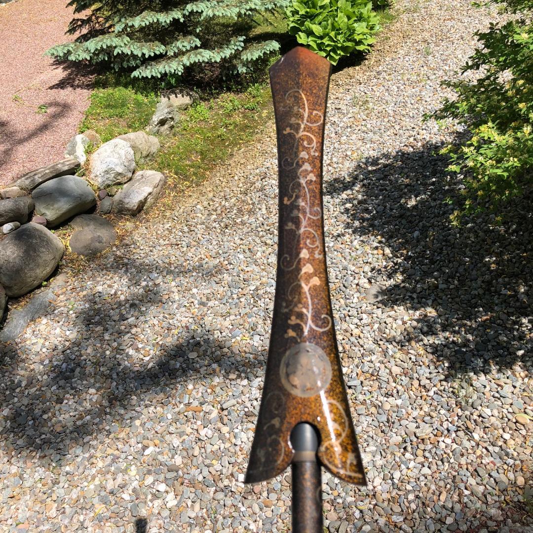From our recent Japanese Acquisition Travels 

A Fine Japanese hard to find antique Samurai Spear Yari crafted in rich black makie lacquer with prolific gold clan symbols, vines, and mist; 98 inches in length and dating to the late Edo period,