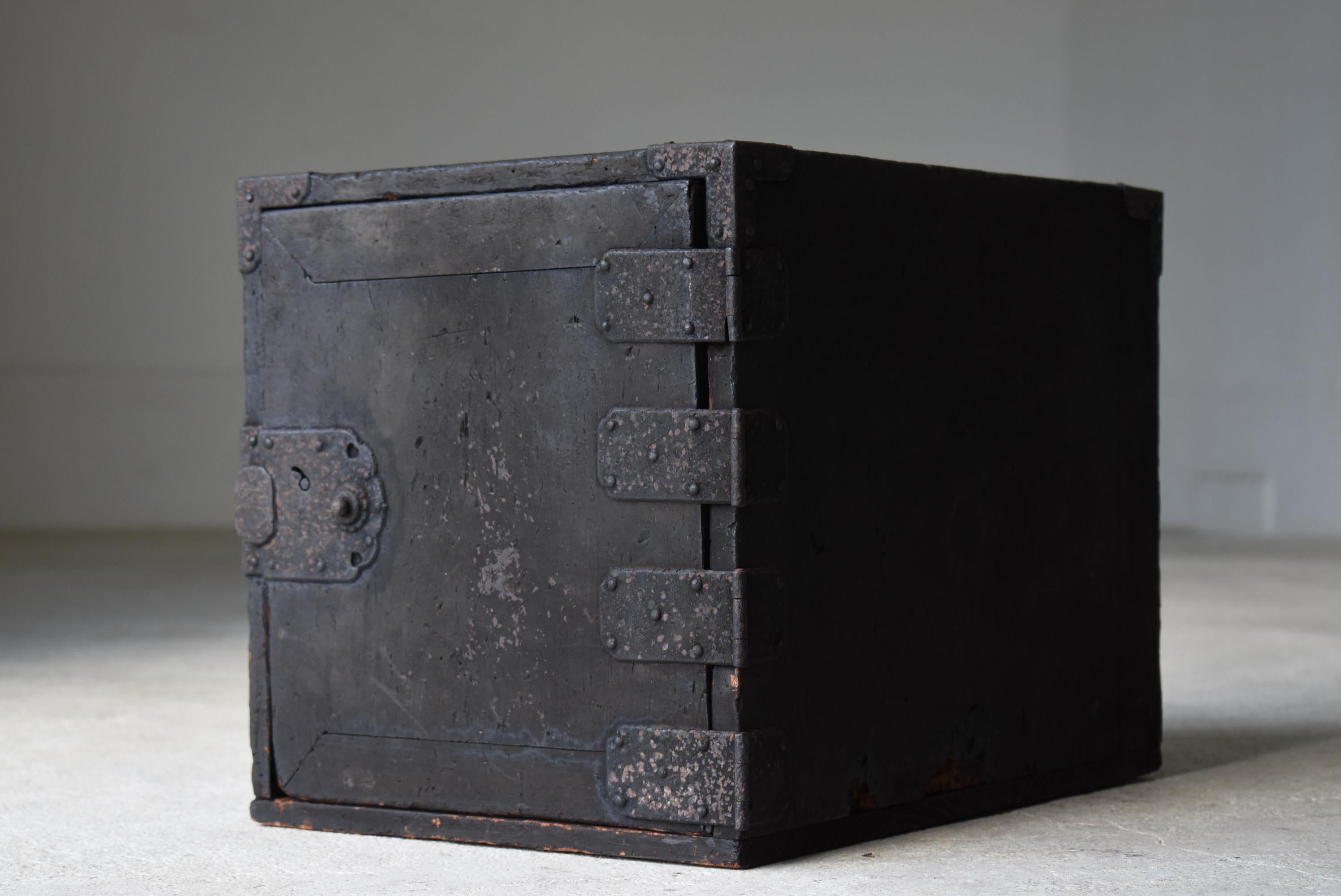 Wood Japanese Antique Black Storage Box 1800s-1860s / Drawer Tansu Wabisabi For Sale