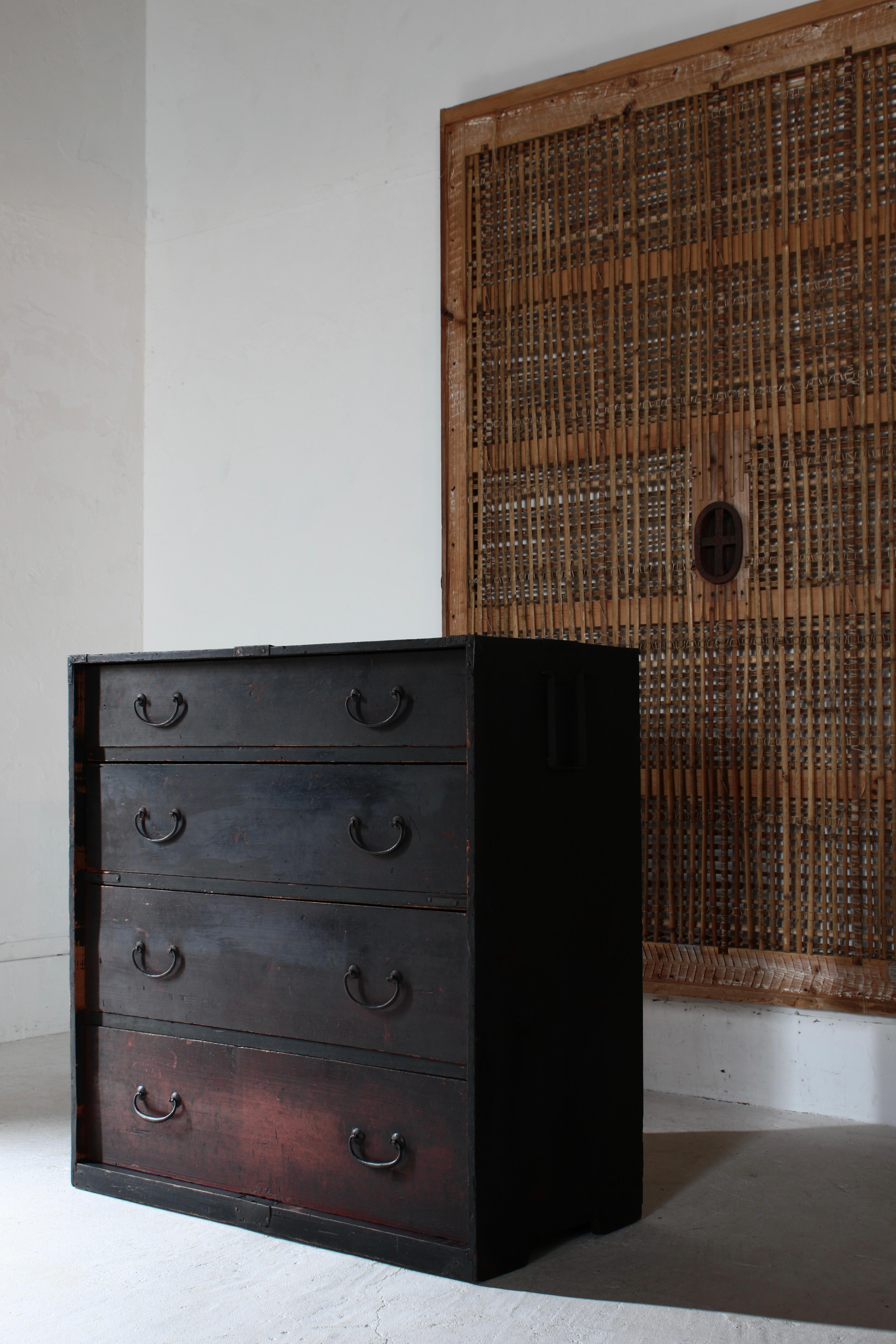 Travail du bois Antiquités japonaises Tansu / Tiroir de cabinet noir / 1868-1912s / Wabi-Sabi Mingei