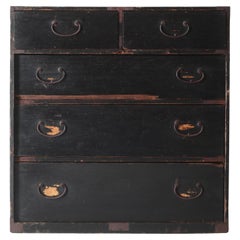 Japanese Antique Black Tansu / Drawer Cabinet Storage / 1868-1912s Wabi-Sabi