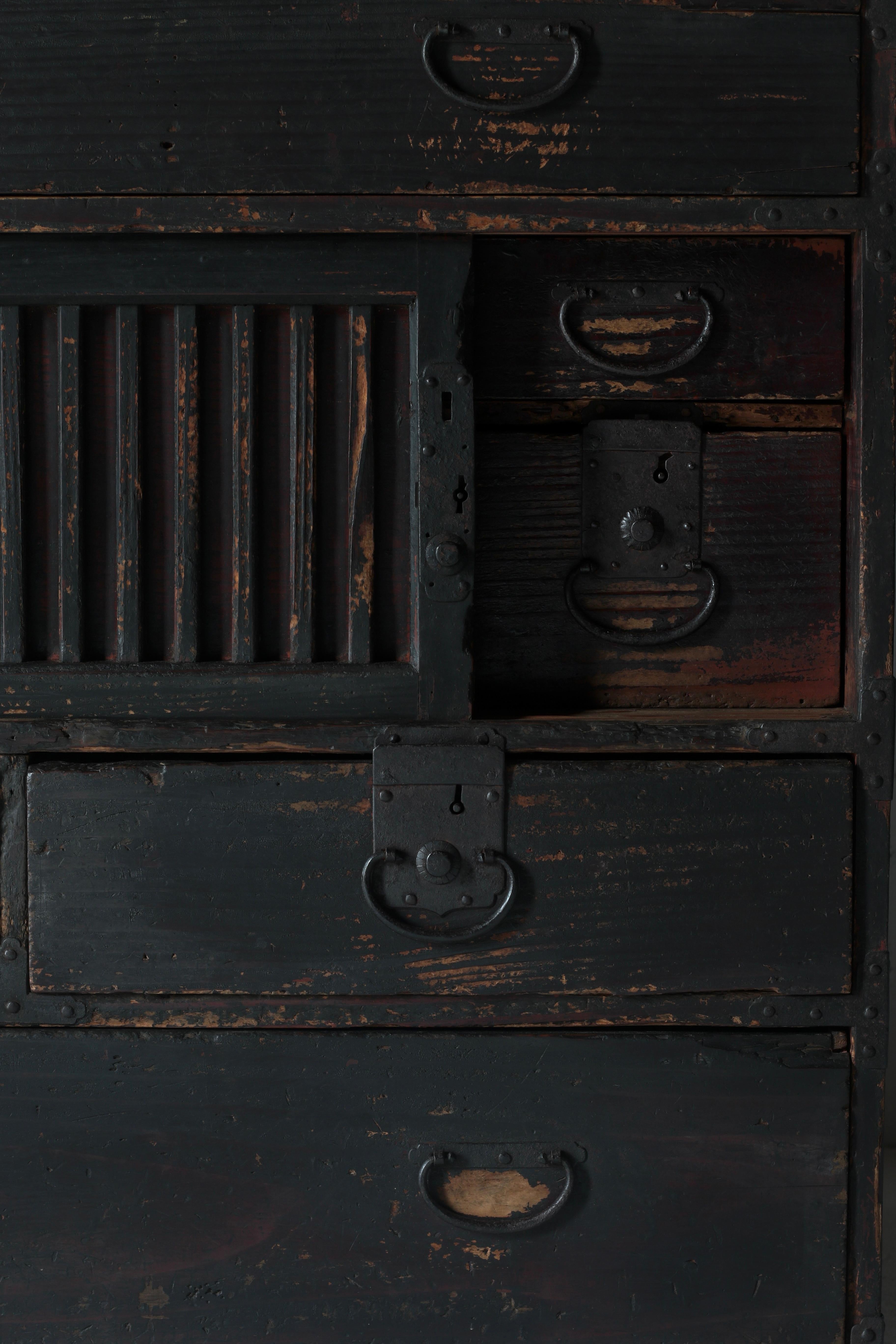 Woodwork Japanese Antique Black Tansu / Storage Cabinet / 1868s-1912s WabiSabi For Sale