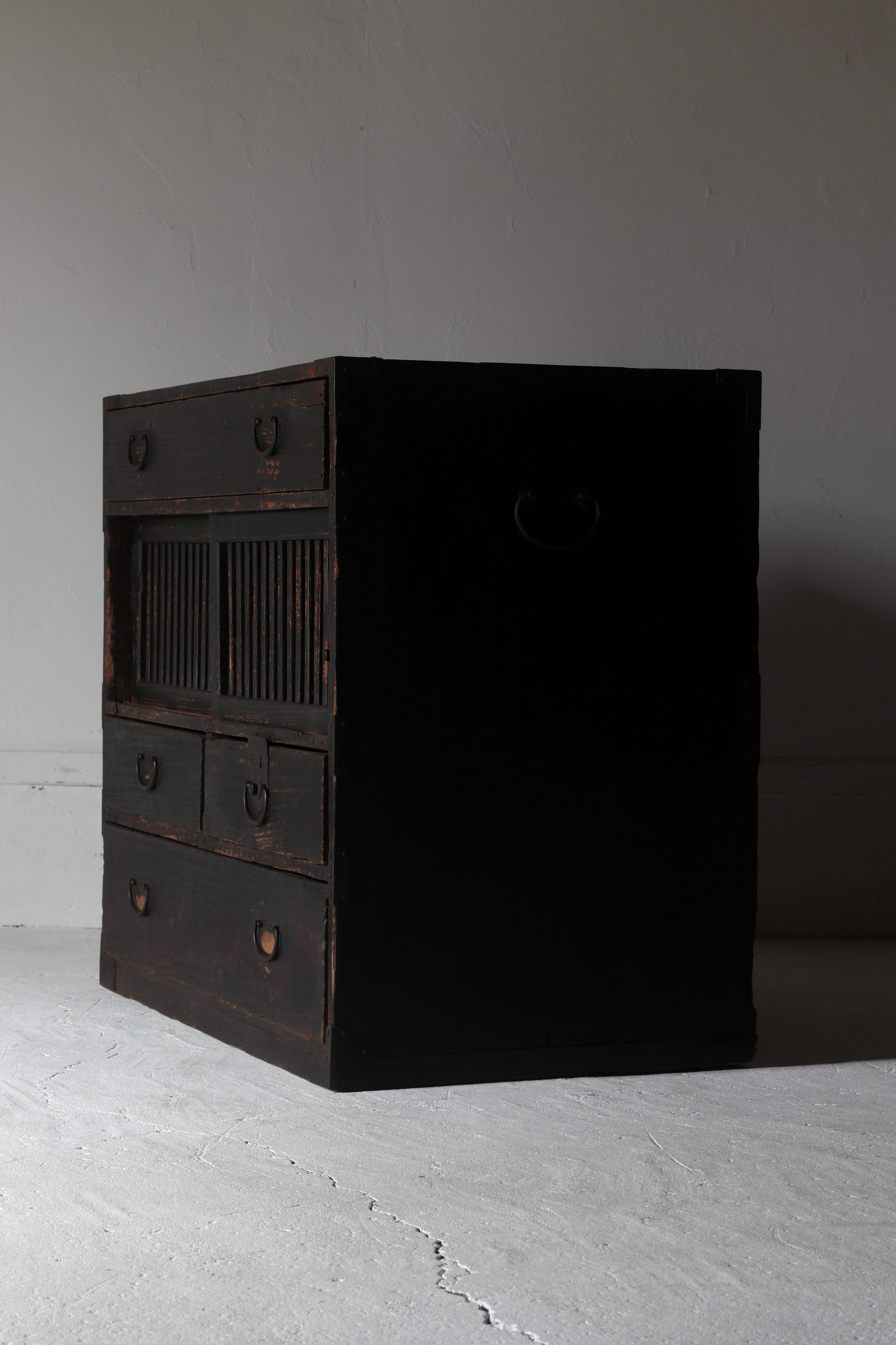 Wood Japanese Antique Black Tansu / Storage Cabinet / 1868s-1912s WabiSabi