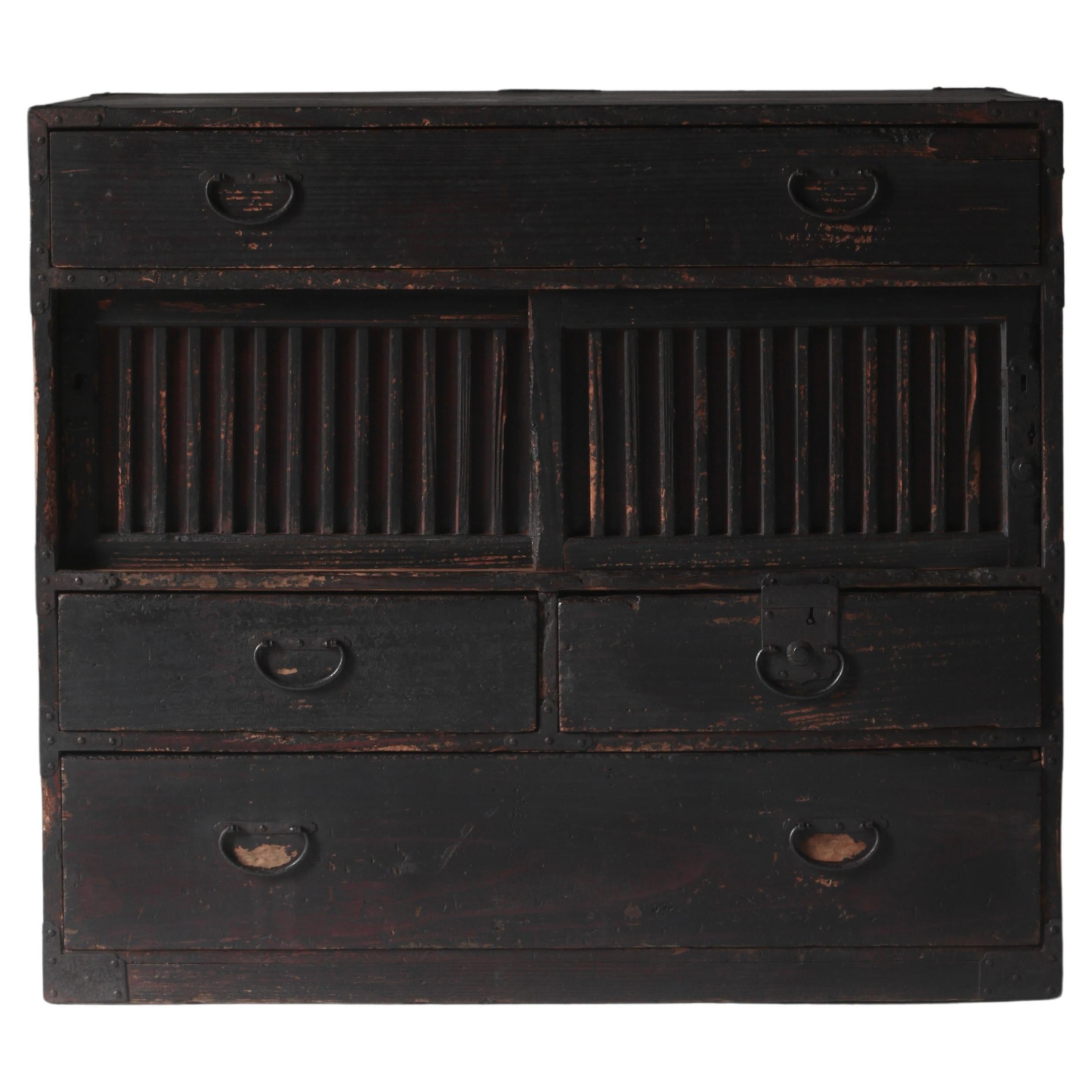 Japanese Antique Black Tansu / Storage Cabinet / 1868s-1912s WabiSabi For Sale
