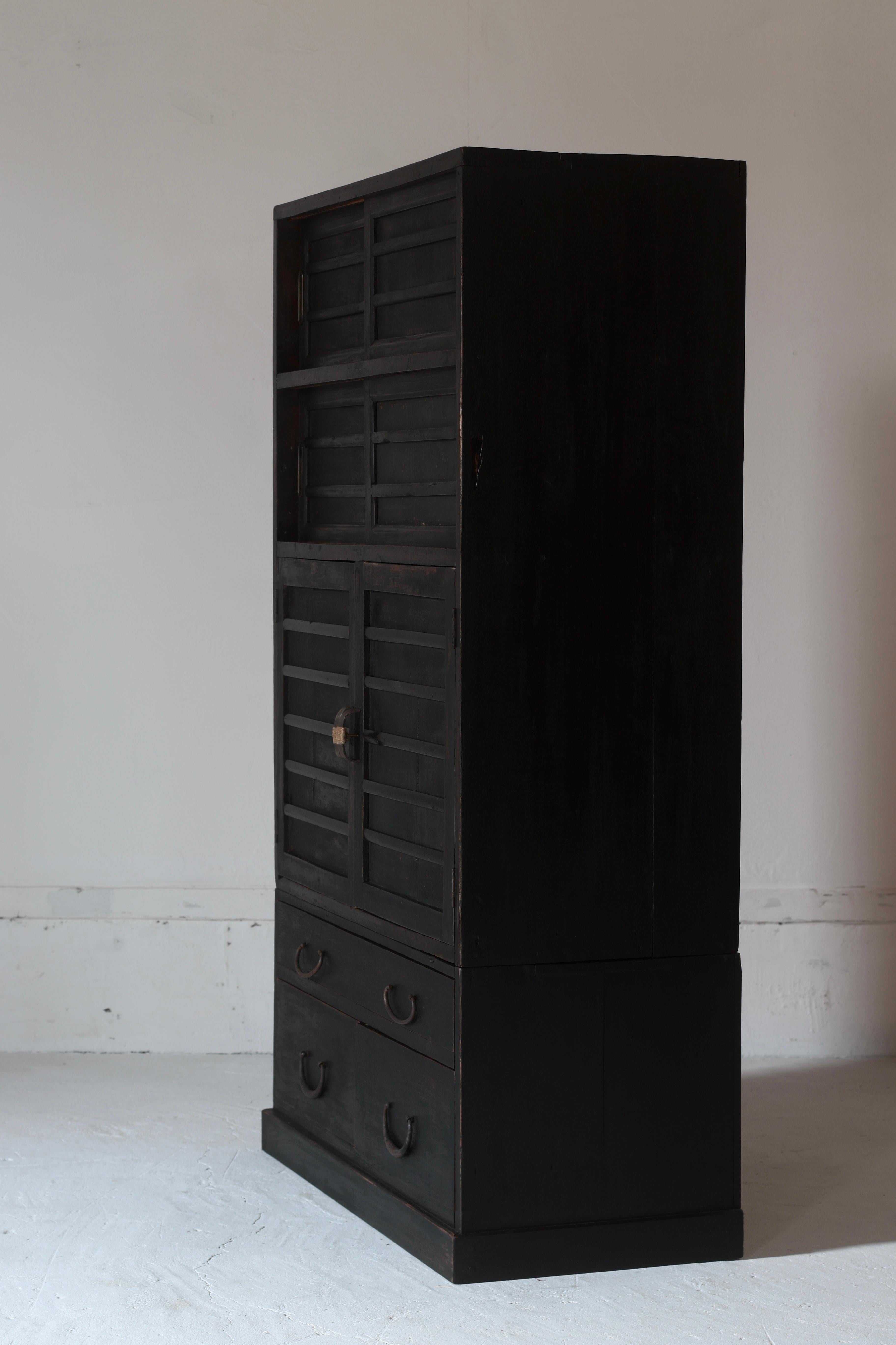 Woodwork Japanese Antique Black Tansu / Storage Cabinet / Taisho Period WabiSabi For Sale