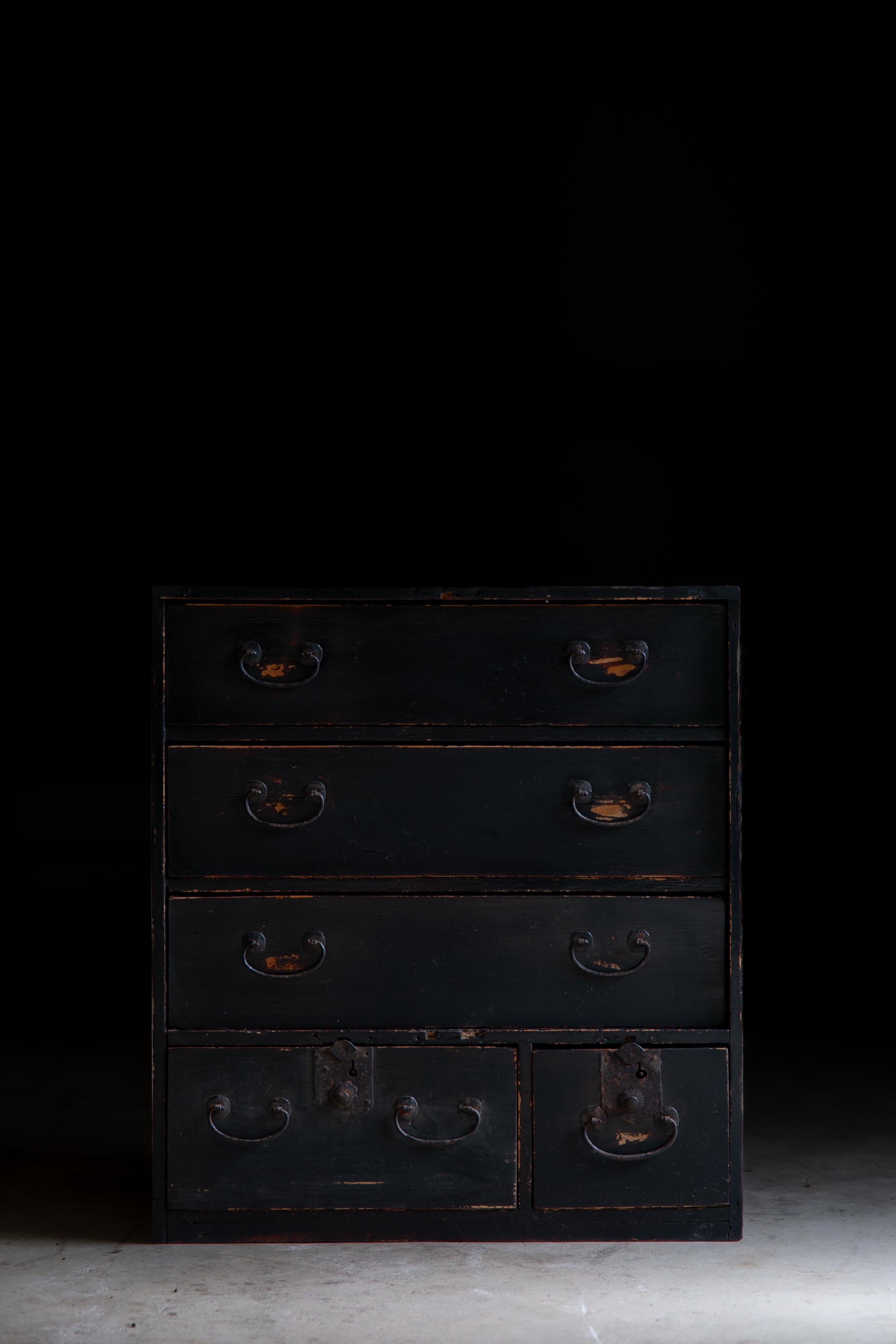 From Toyama pref., Hokuriku area, Japan. 
This mid-size, black Urushi lacquered Tansu chest of drawers is a product of late Edo to early Meiji era (circa 1860s-1880s) , estimate from the style & conditions.
Hokuriku area is, and always has been