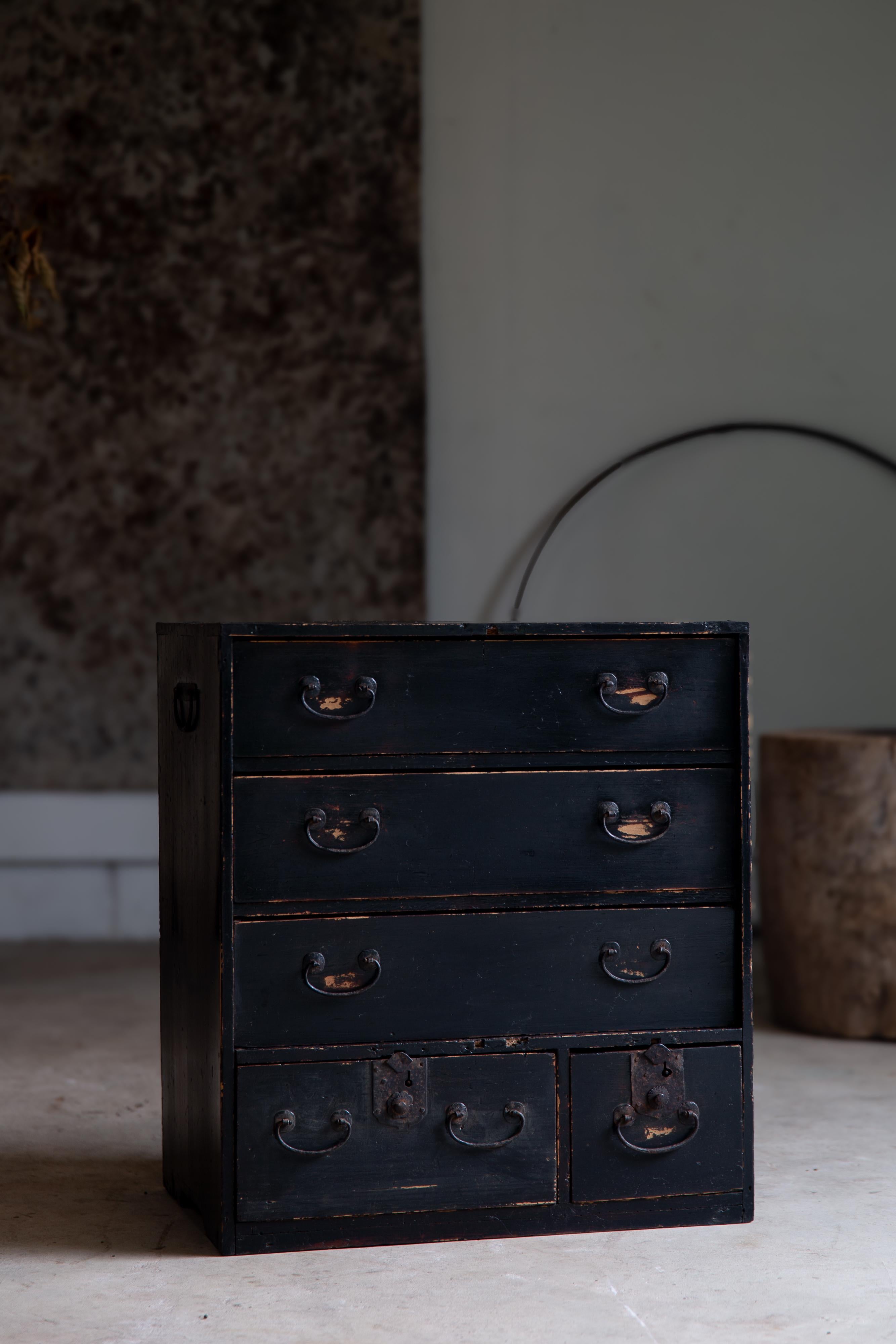 19th Century 1860s-80s Japanese Edo antique wabi sabi Black Urushi mid Tansu chest of drawers