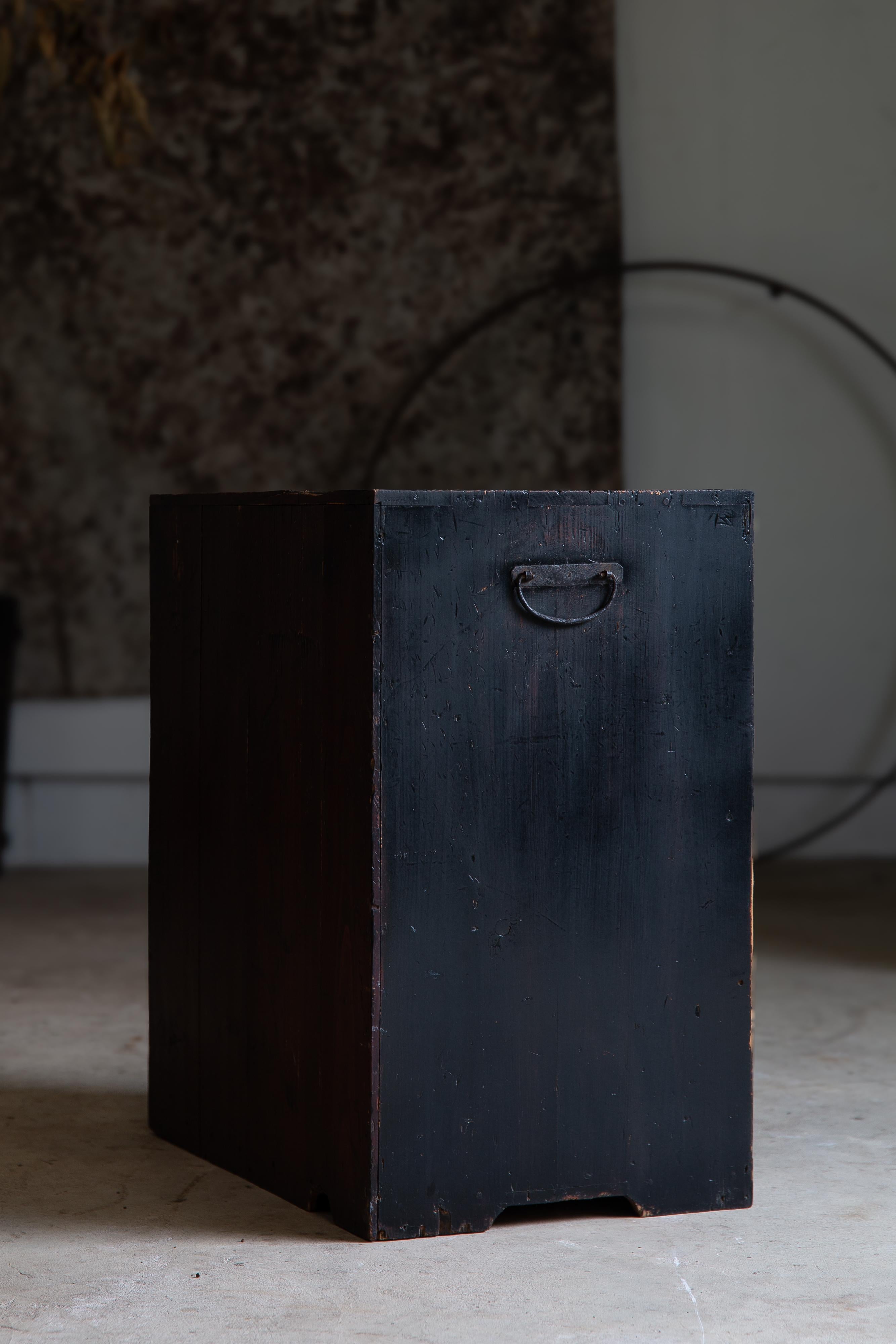 Wood 1860s-80s Japanese Edo antique wabi sabi Black Urushi mid Tansu chest of drawers