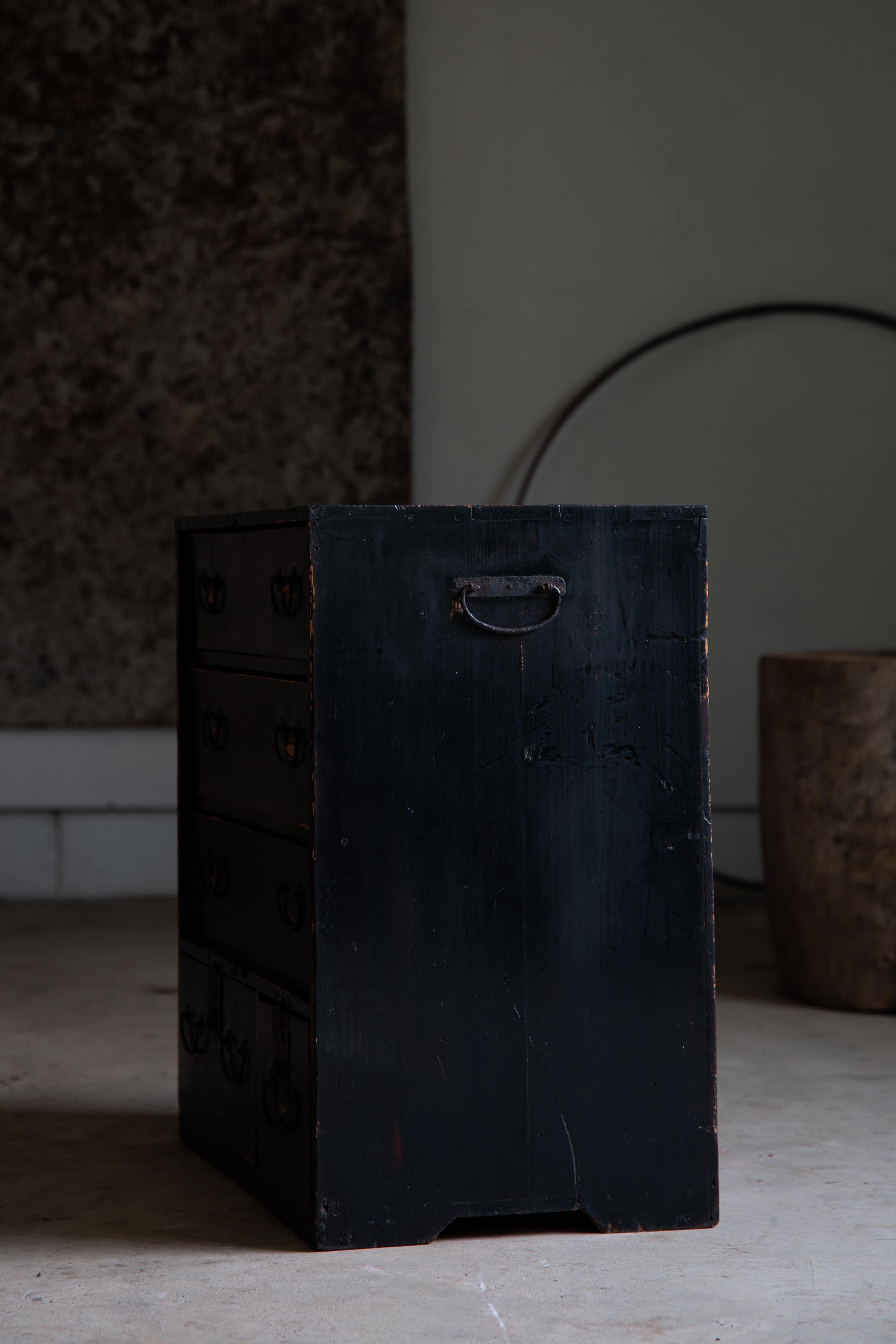 1860s-80s Japanese Edo antique wabi sabi Black Urushi mid Tansu chest of drawers 1