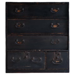 1860s-80s Japanese Edo antique wabi sabi Black Urushi mid Tansu chest of drawers