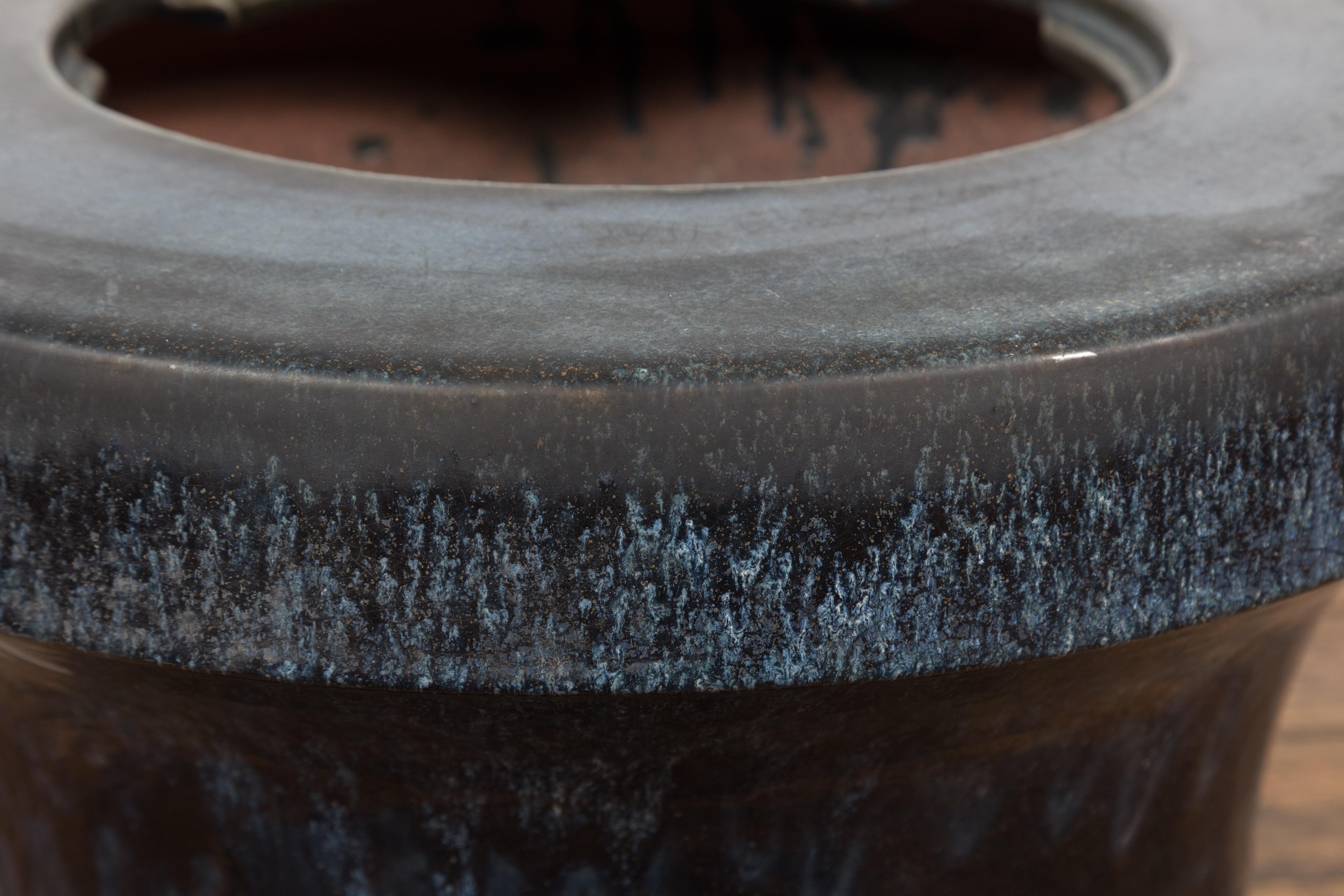 Japanese Antique Blue and Black Glazed Ceramic Hibachi for Drinking Saké For Sale 6