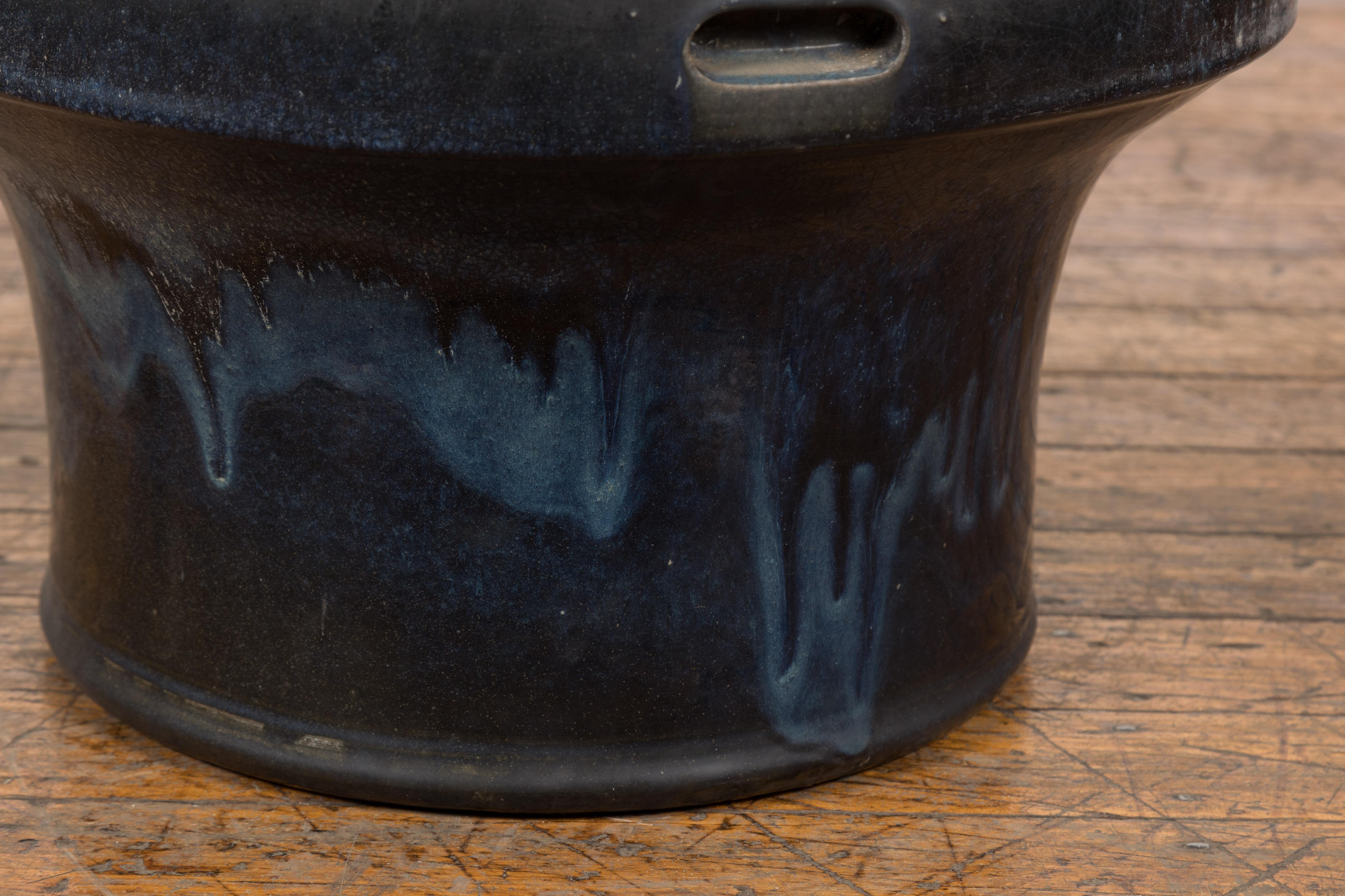 Japanese Antique Blue and Black Glazed Ceramic Hibachi for Drinking Saké For Sale 10