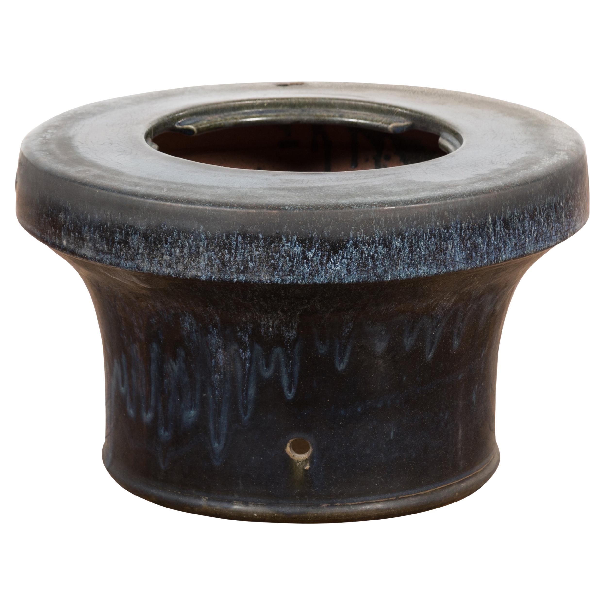 Japanese Antique Blue and Black Glazed Ceramic Hibachi for Drinking Saké For Sale