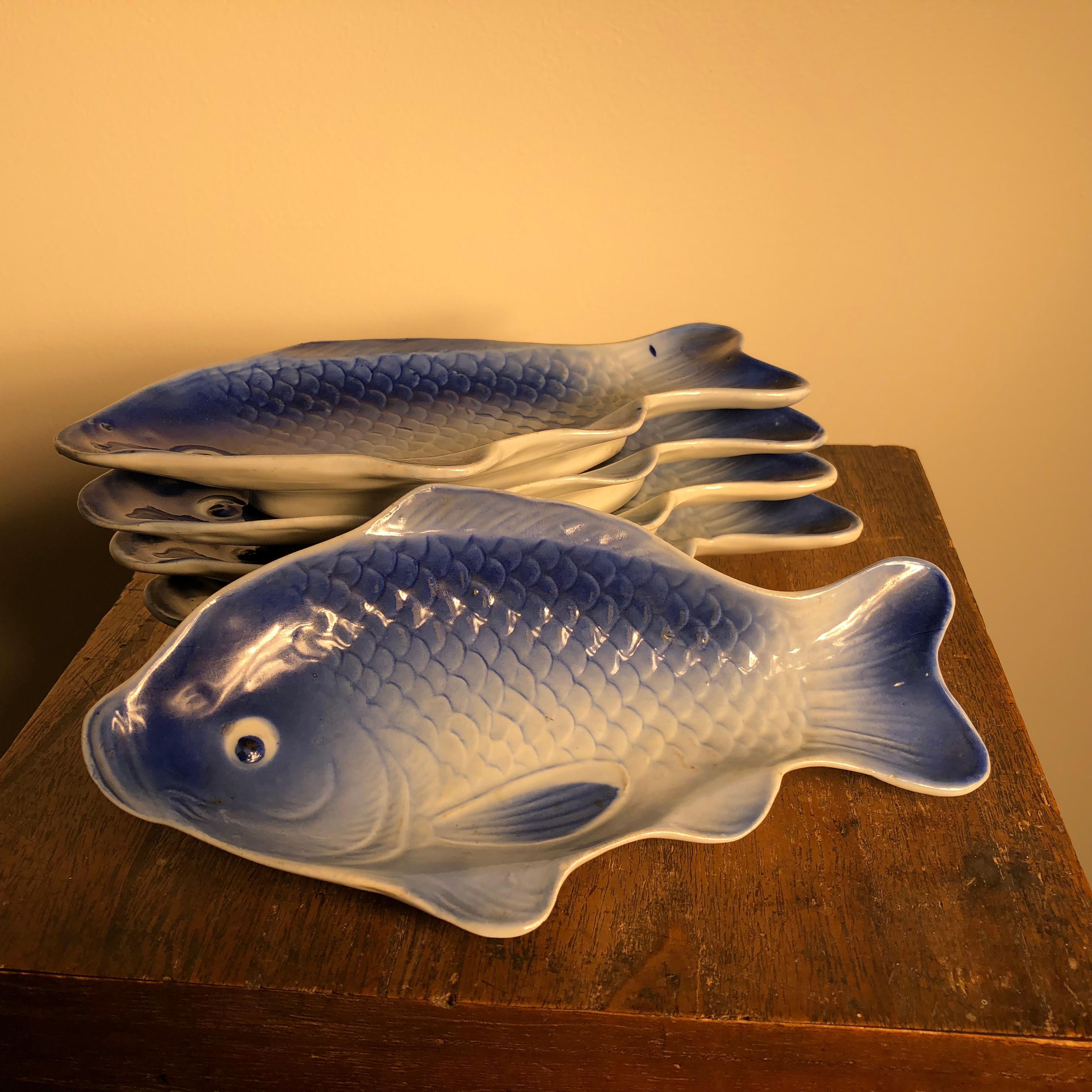 Japanese Antique Blue and White Fish Serving Plates with Fine Details 4