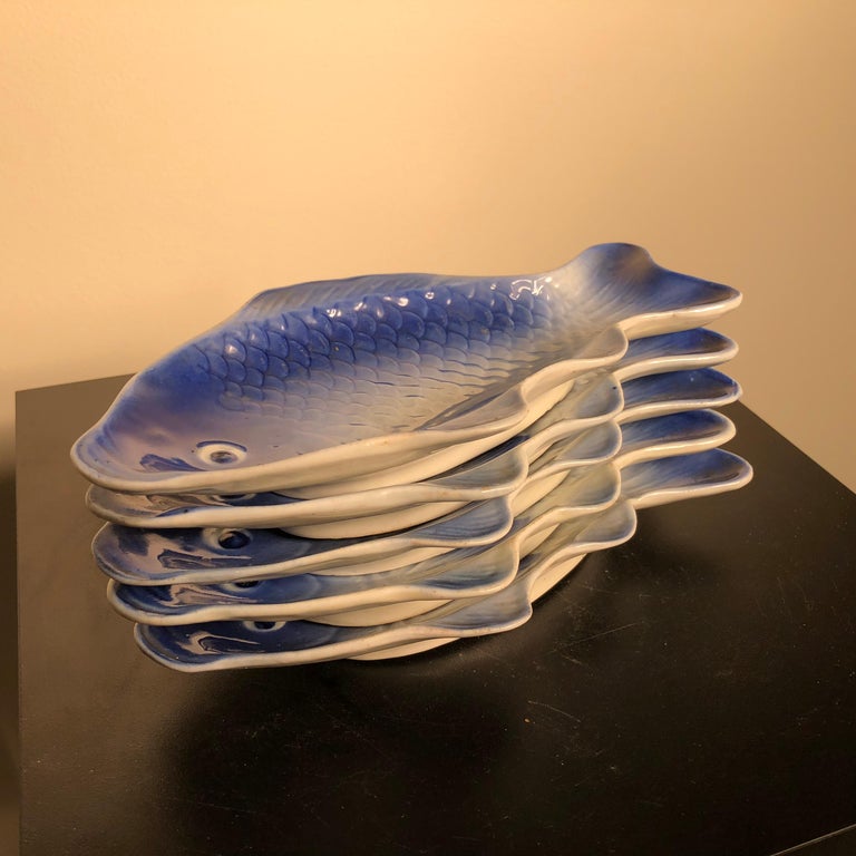 Japanese Antique Blue and White Fish Serving Plates with Fine Details