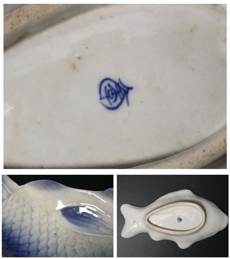 Japanese Antique Blue and White Fish Serving Plates with Fine Details 8