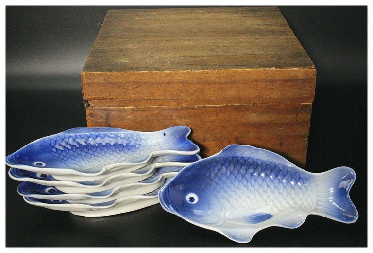 Japanese Antique Blue and White Fish Serving Plates with Fine Details