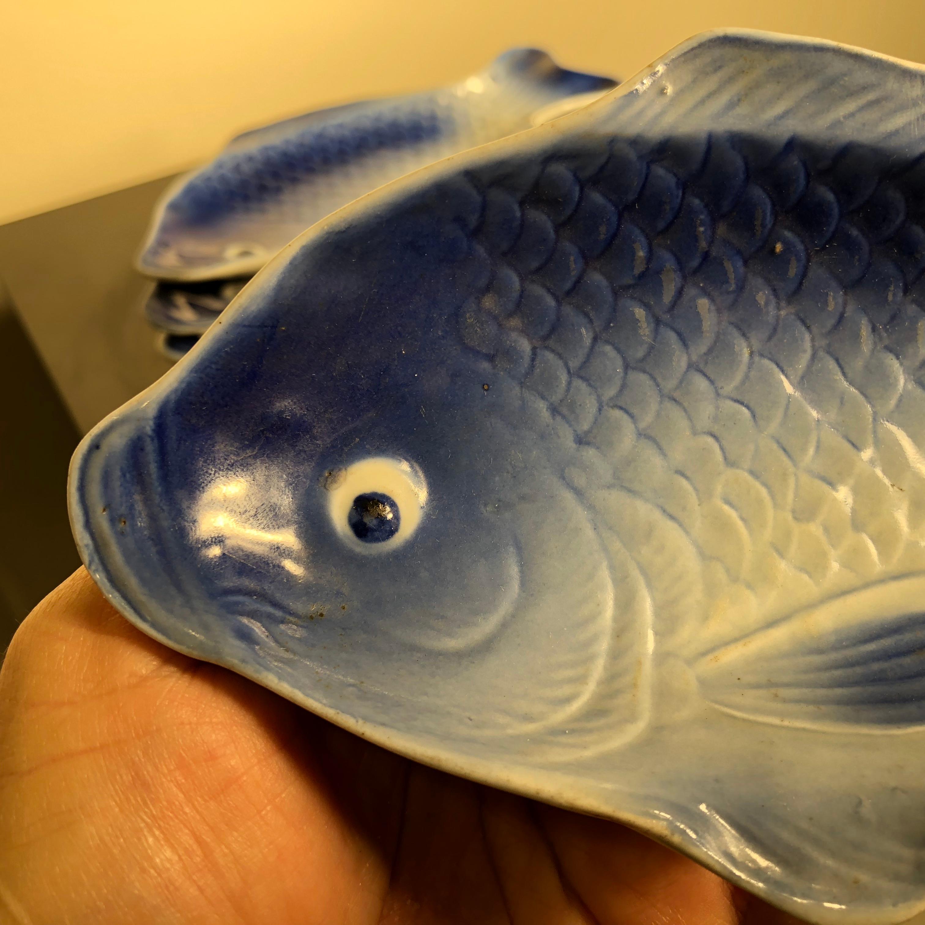 Hand-Painted Japanese Antique Blue and White Fish Serving Plates with Fine Details