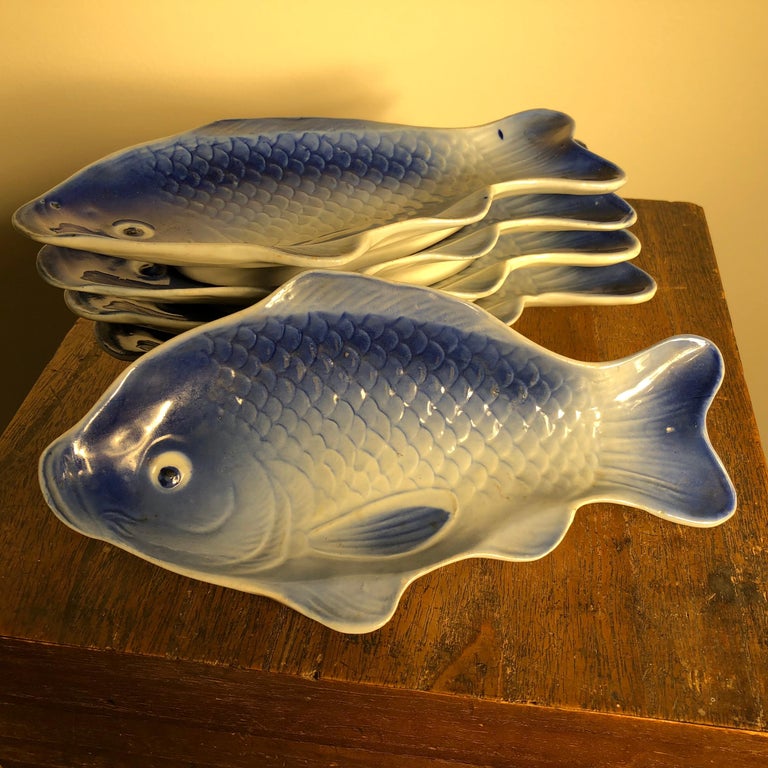 Japanese Antique Blue and White Fish Serving Plates with Fine Details