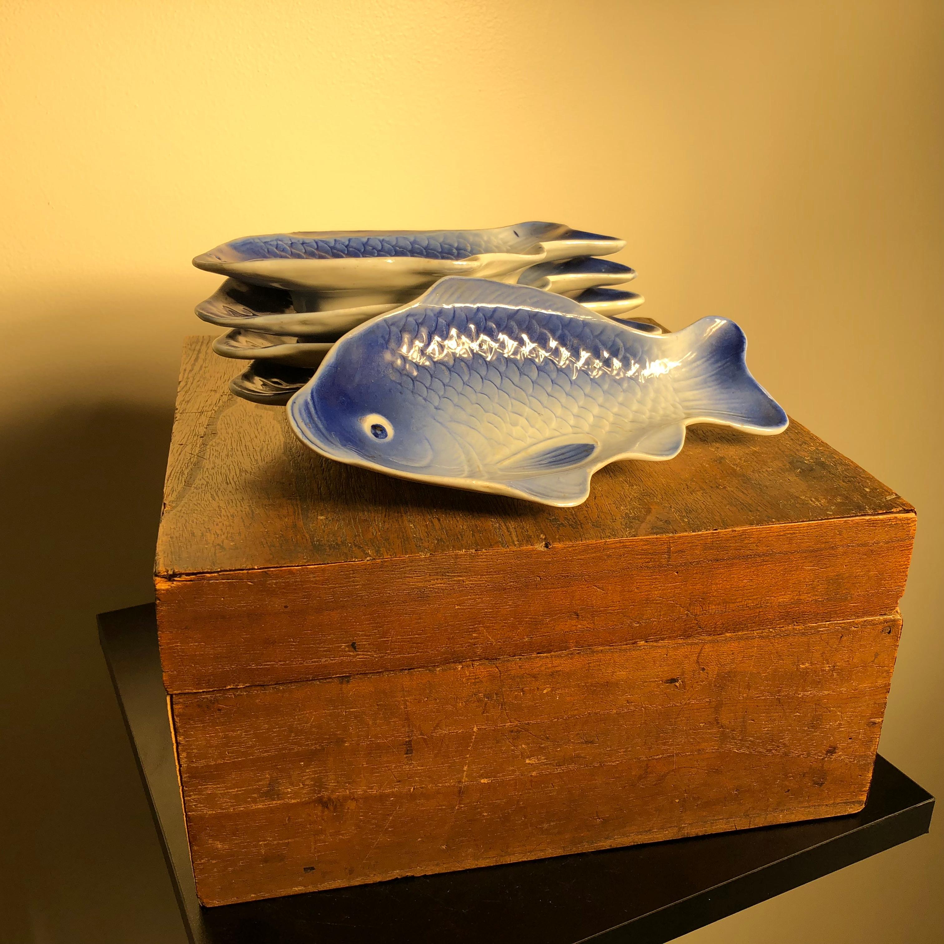 Ceramic Japanese Antique Blue and White Fish Serving Plates with Fine Details