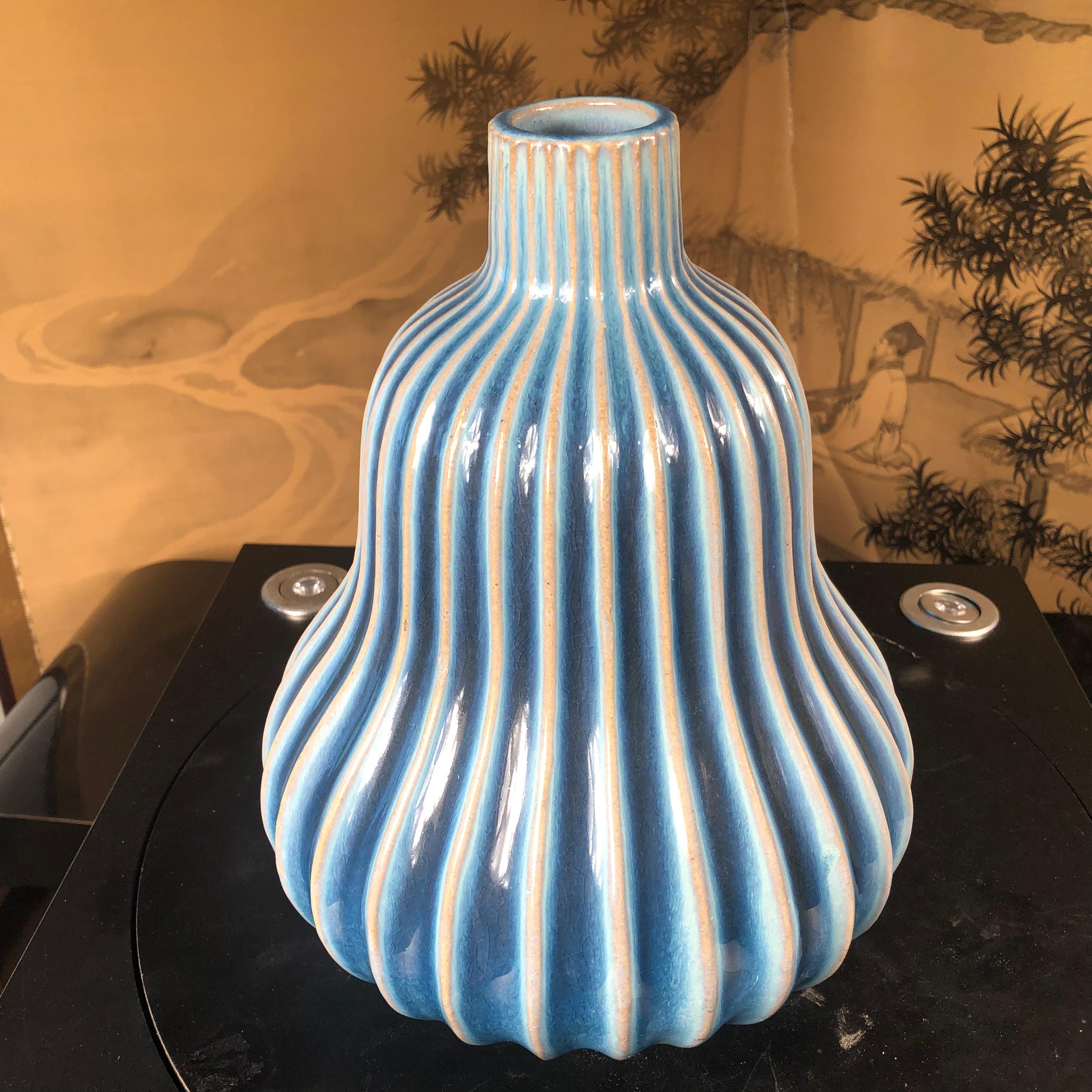 Taisho Japanese Large Antique Blue and White Gourd Vase 