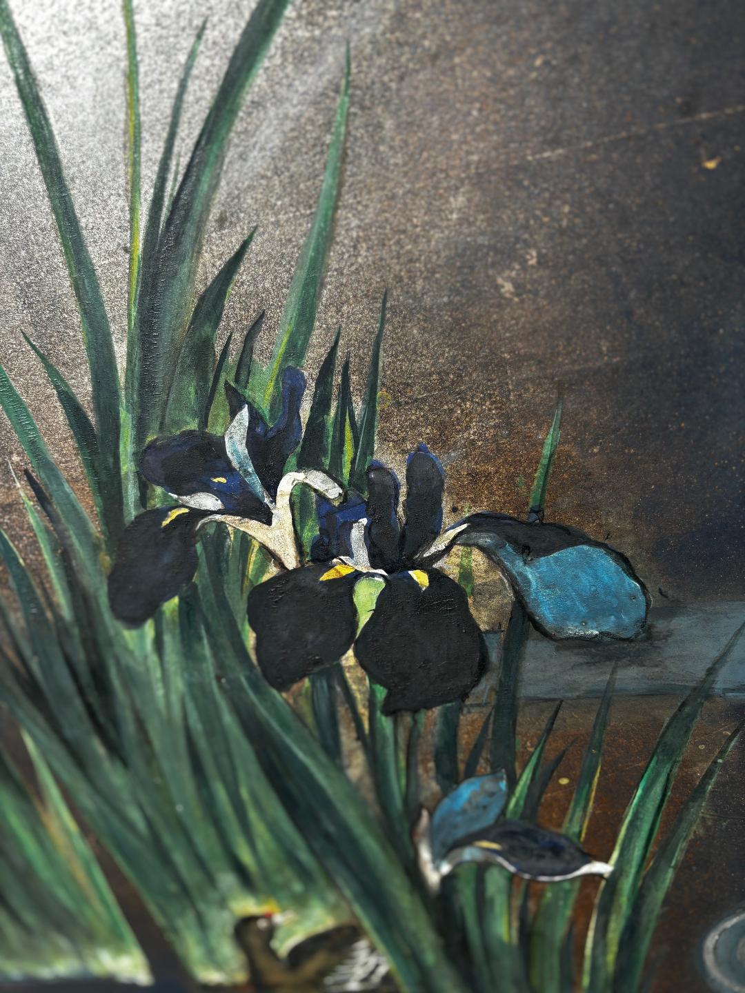 Japanese Antique Blue Stream With Iris Flowers And Ducks Two Panel Screen 3