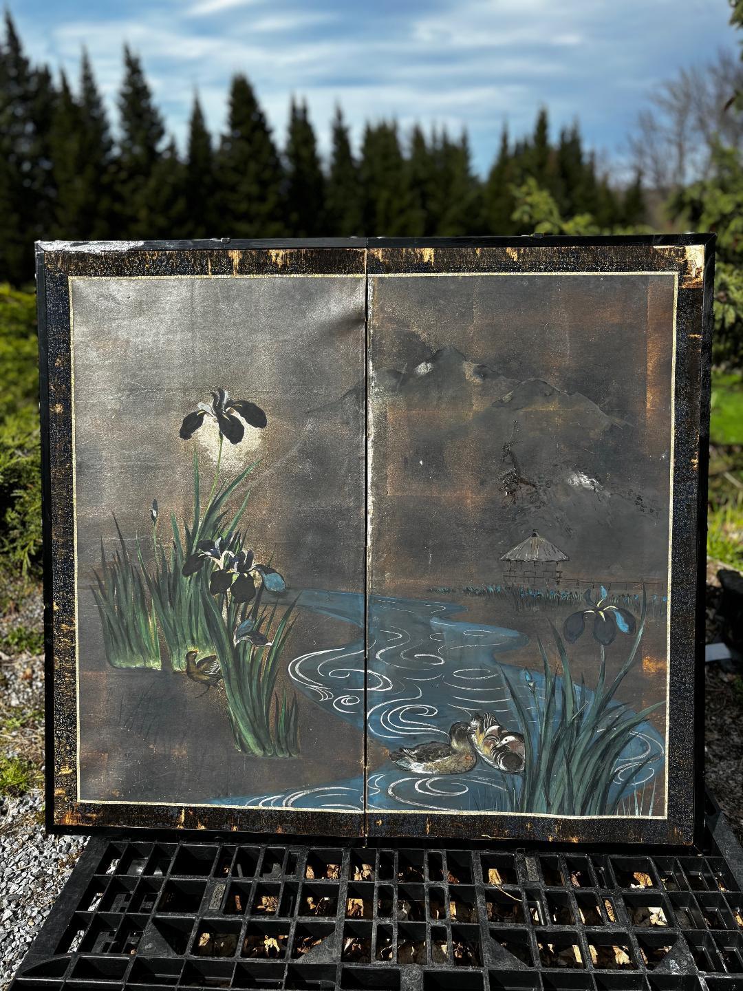 Edo Japanese Antique Blue Stream With Iris Flowers And Ducks Two Panel Screen