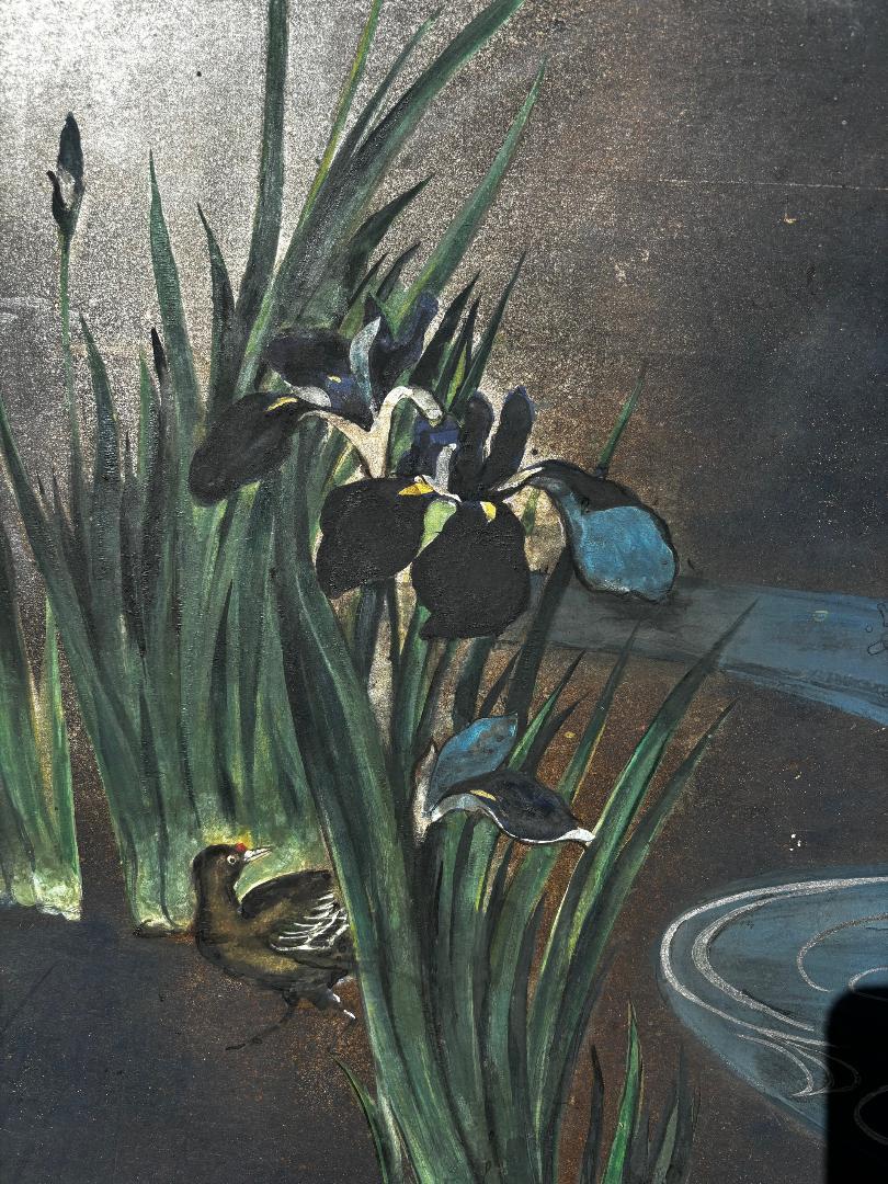 Hand-Painted Japanese Antique Blue Stream With Iris Flowers And Ducks Two Panel Screen