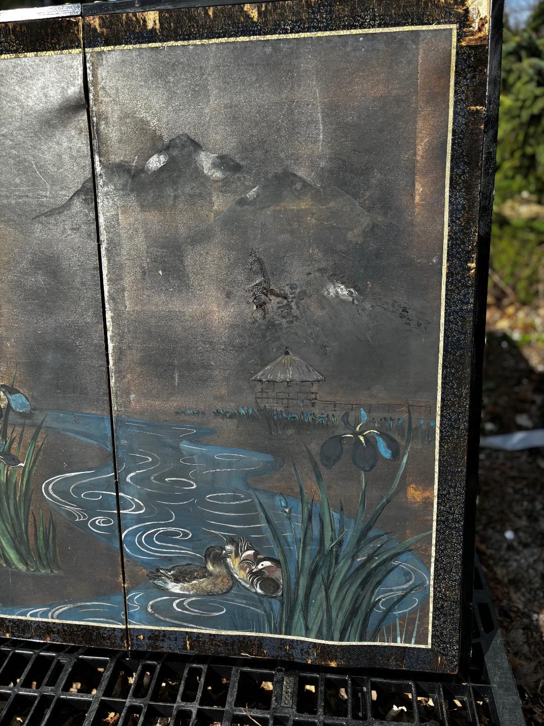Japanese Antique Blue Stream With Iris Flowers And Ducks Two Panel Screen In Good Condition In South Burlington, VT