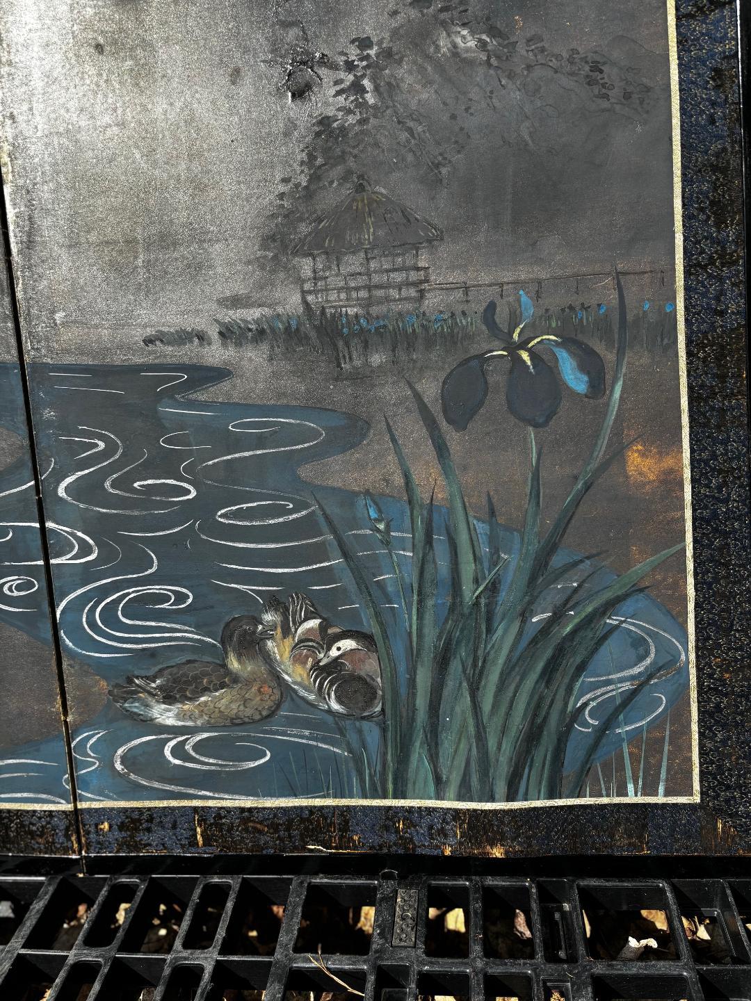 19th Century Japanese Antique Blue Stream With Iris Flowers And Ducks Two Panel Screen