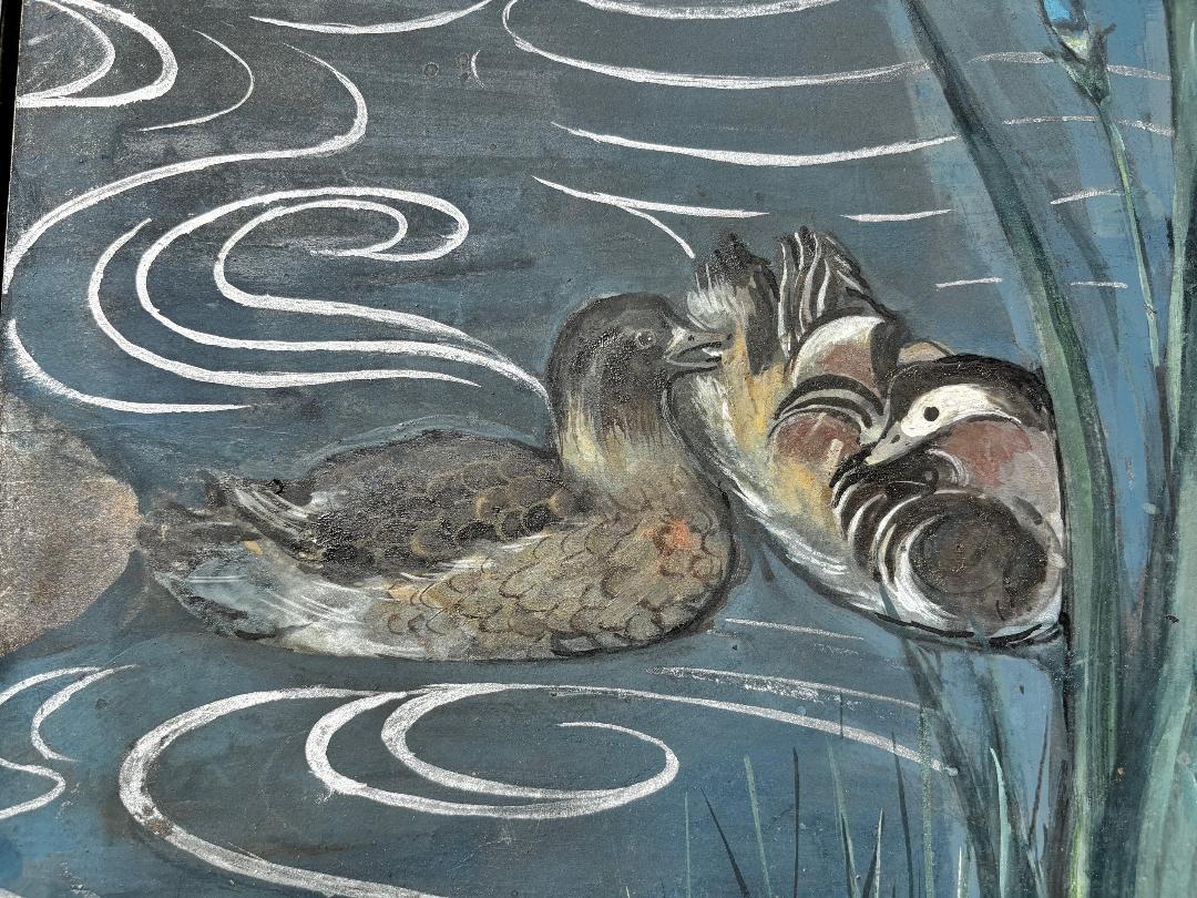 Wood Japanese Antique Blue Stream With Iris Flowers And Ducks Two Panel Screen
