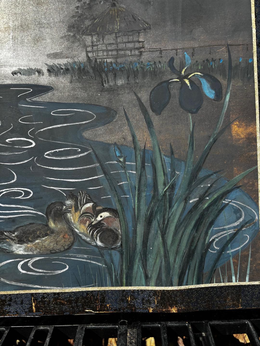 Japanese Antique Blue Stream With Iris Flowers And Ducks Two Panel Screen 1