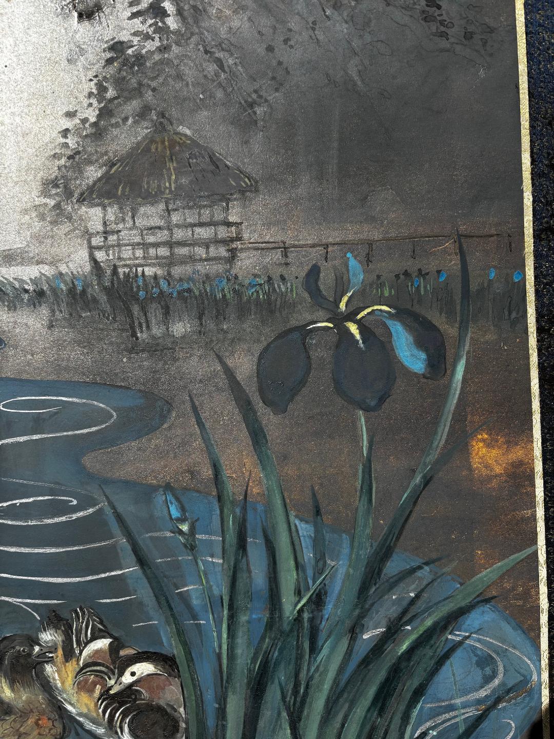 Japanese Antique Blue Stream With Iris Flowers And Ducks Two Panel Screen 2