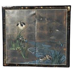 Japanese Antique Blue Stream With Iris Flowers And Ducks Two Panel Screen  