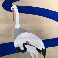 Japanese Antique Bold Hand Painted Brilliant Cranes Silk Scroll