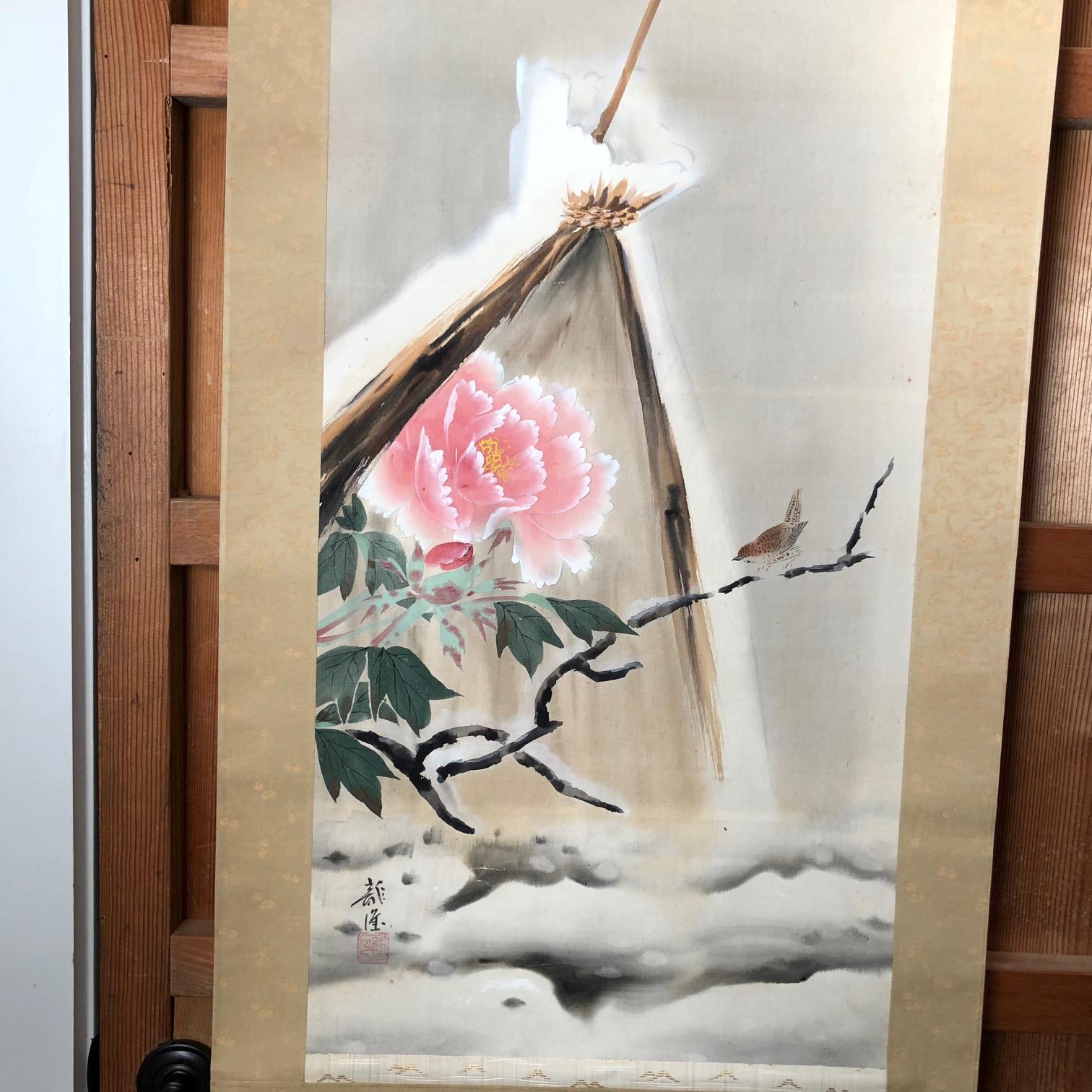 Japanese Antique Tea Ceremony Scroll  Peony Flower & Bird  2