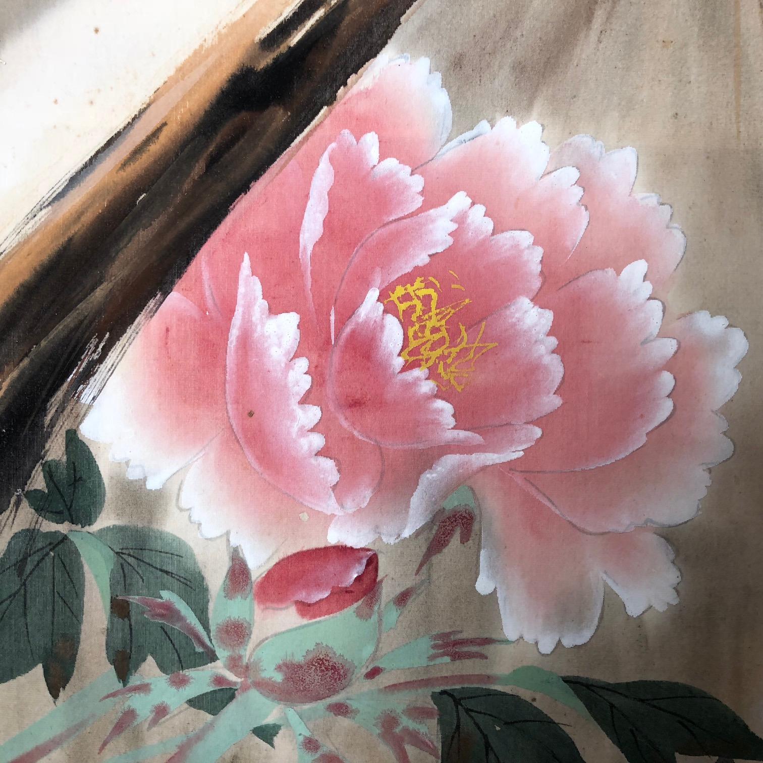 Meiji Japanese Antique Tea Ceremony Scroll  Peony Flower & Bird 