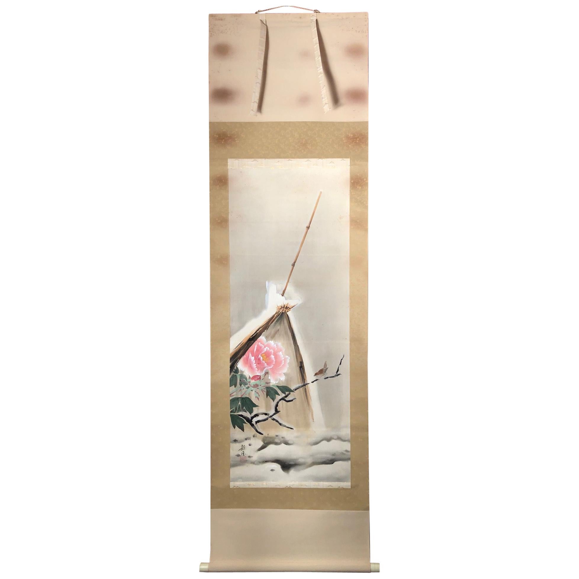 Japanese Antique Tea Ceremony Scroll  Peony Flower & Bird 