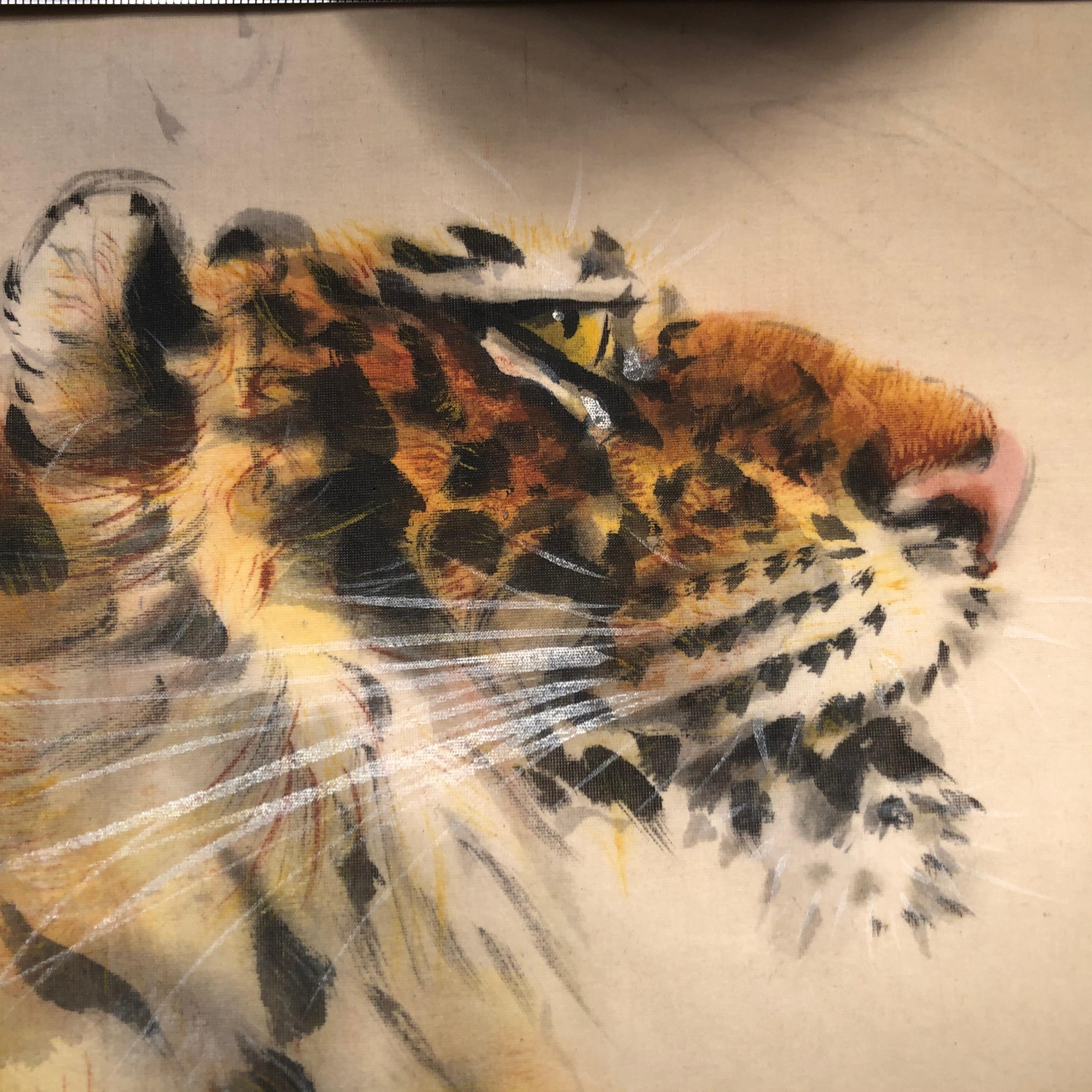 From our Recent Japanese Acquisition Travels

A beautiful and compelling Japanese antique hand painted painting of a stealthy tiger - ready to mount in your favorite frame and proudly display or give as a unique gift. .

Hand painting on silk in