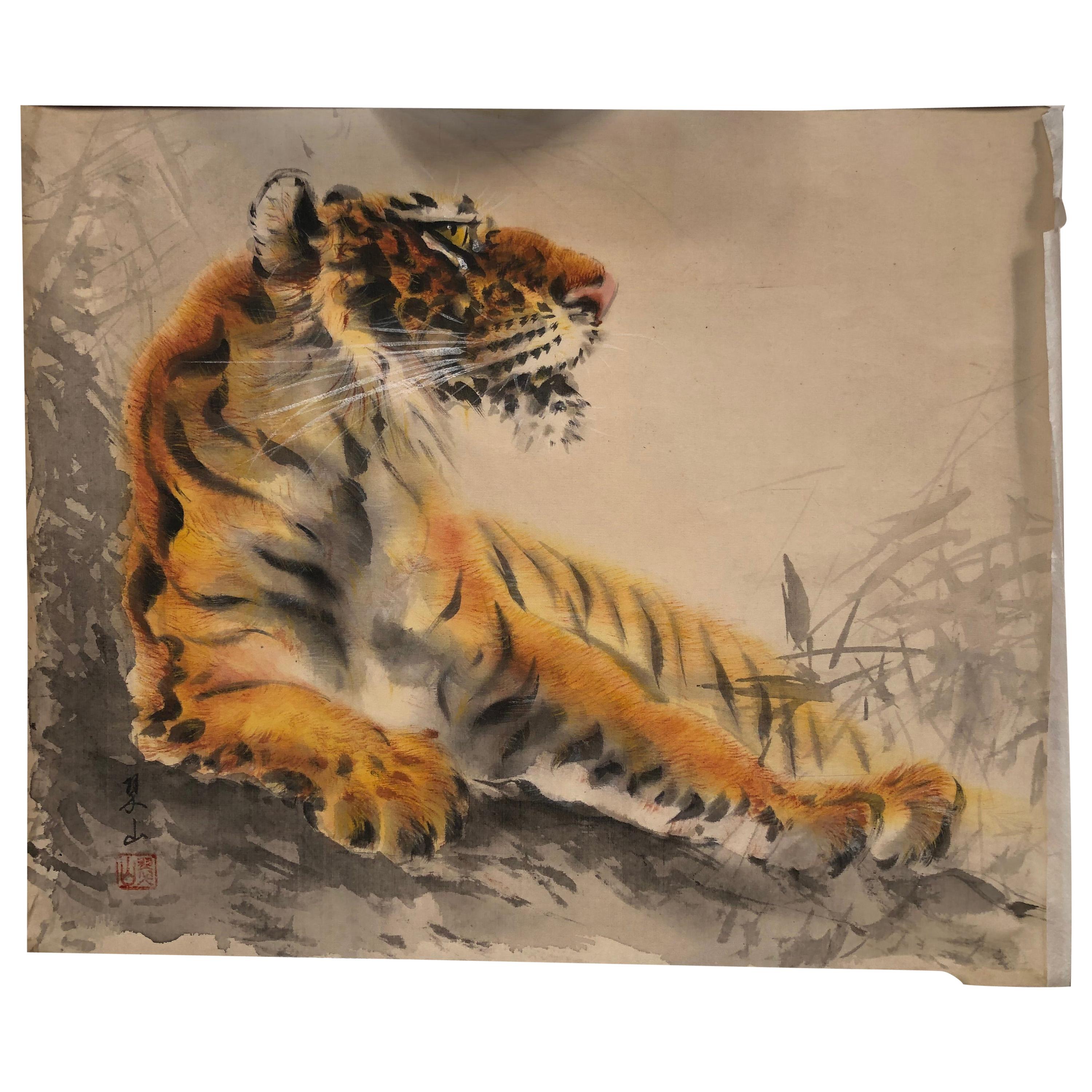 Japanese Antique Bold Hand Painted "STEALTH TIGER" Silk Painting