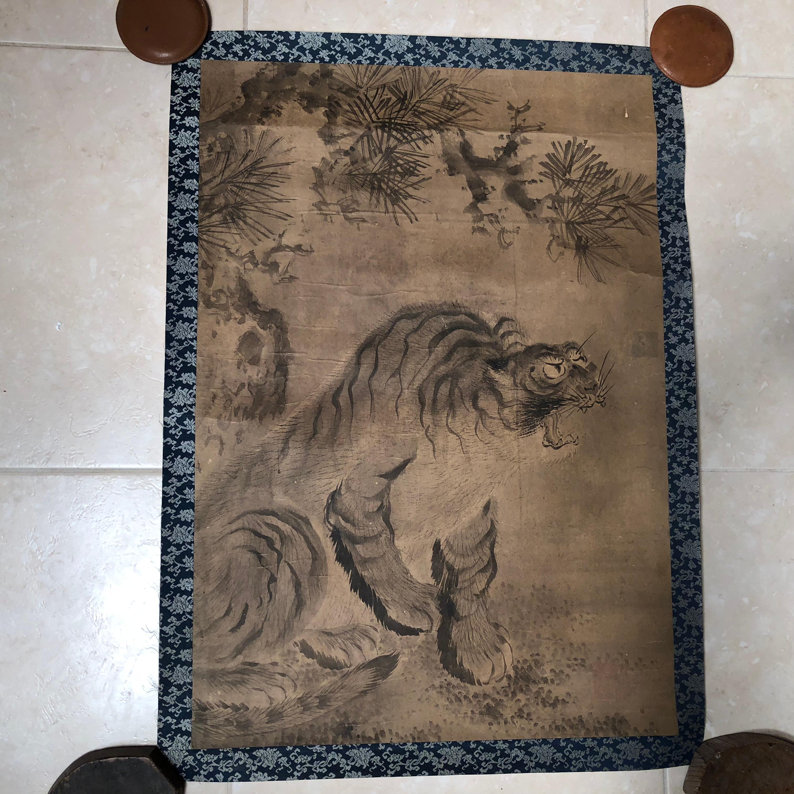 Japanese Antique Bold Hand-Painted Tiger Silk Painting, 19th Century 3