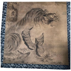 Japanese Antique Bold Hand-Painted Tiger Silk Painting, 19th Century