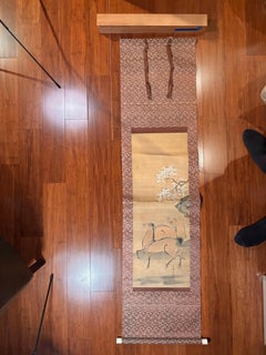 Japanese Antique Bold Hand-Painted "Two Horses" Silk Scroll, Meiji Period