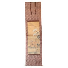 Japanese Antique Bold Hand-Painted "Two Horses" Silk Scroll, Meiji Period