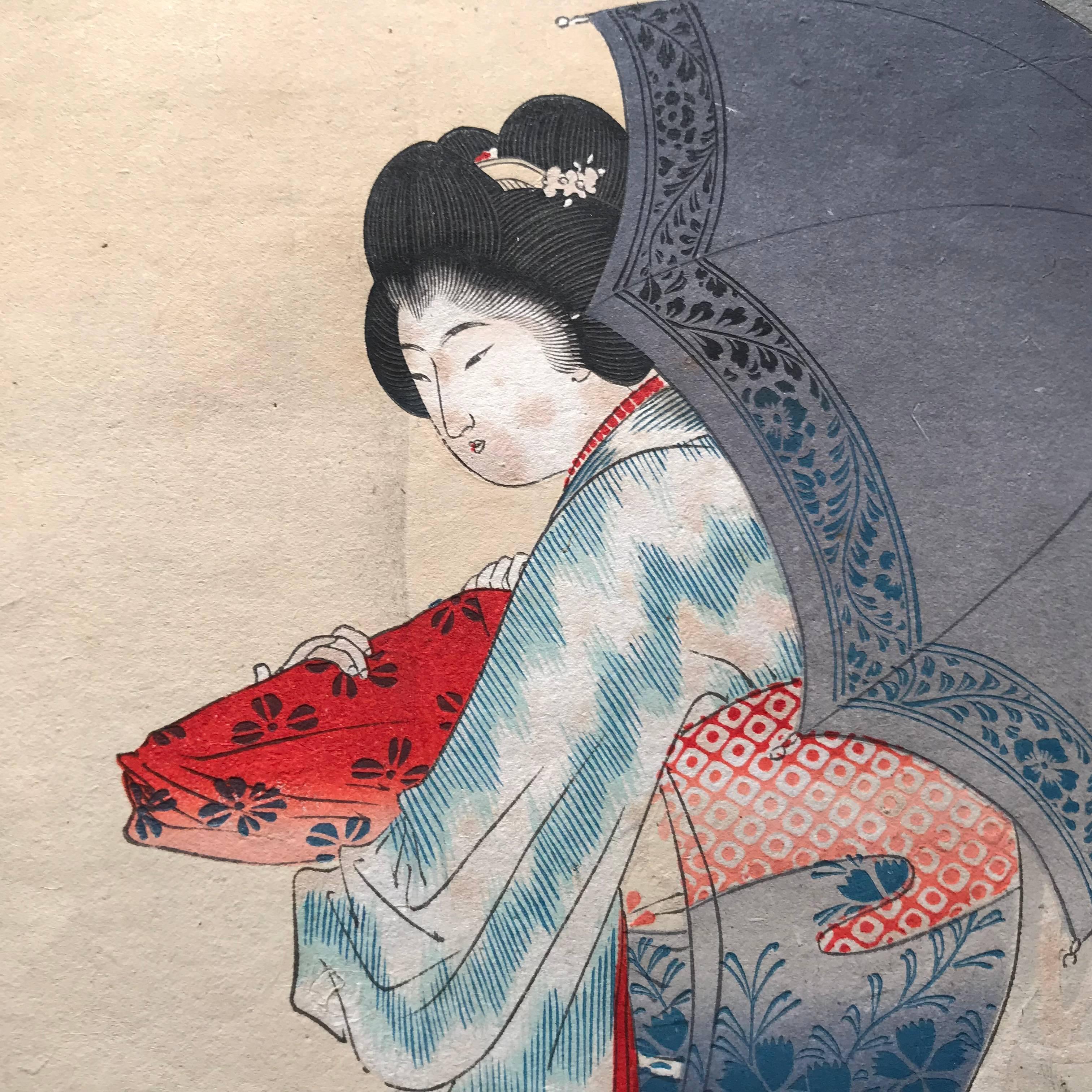 Japanese Antique Brilliant Colors Ten Woodblock Fan Prints Immediately Frameable 3