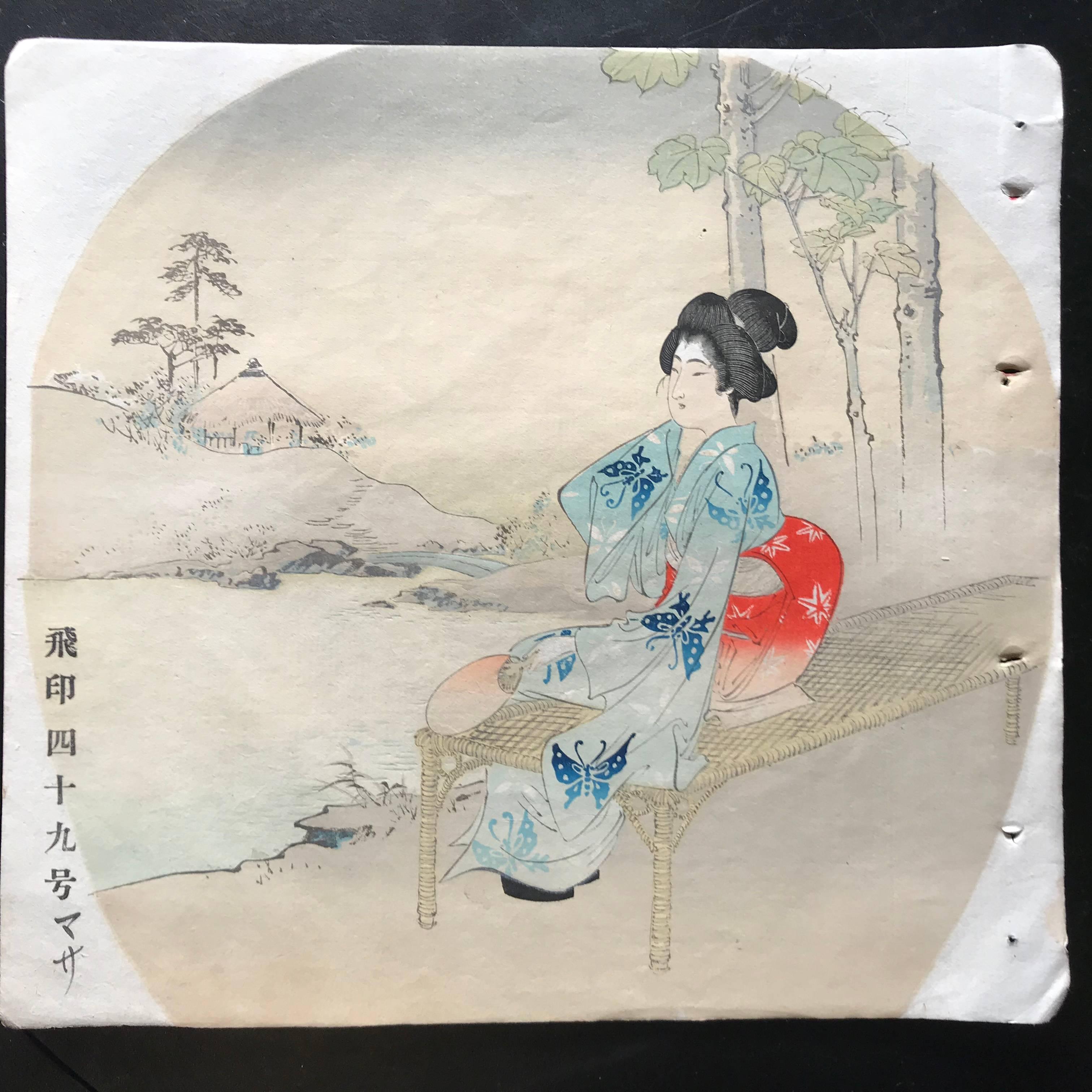 Japanese Antique Brilliant Colors Ten Woodblock Fan Prints Immediately Frameable 6