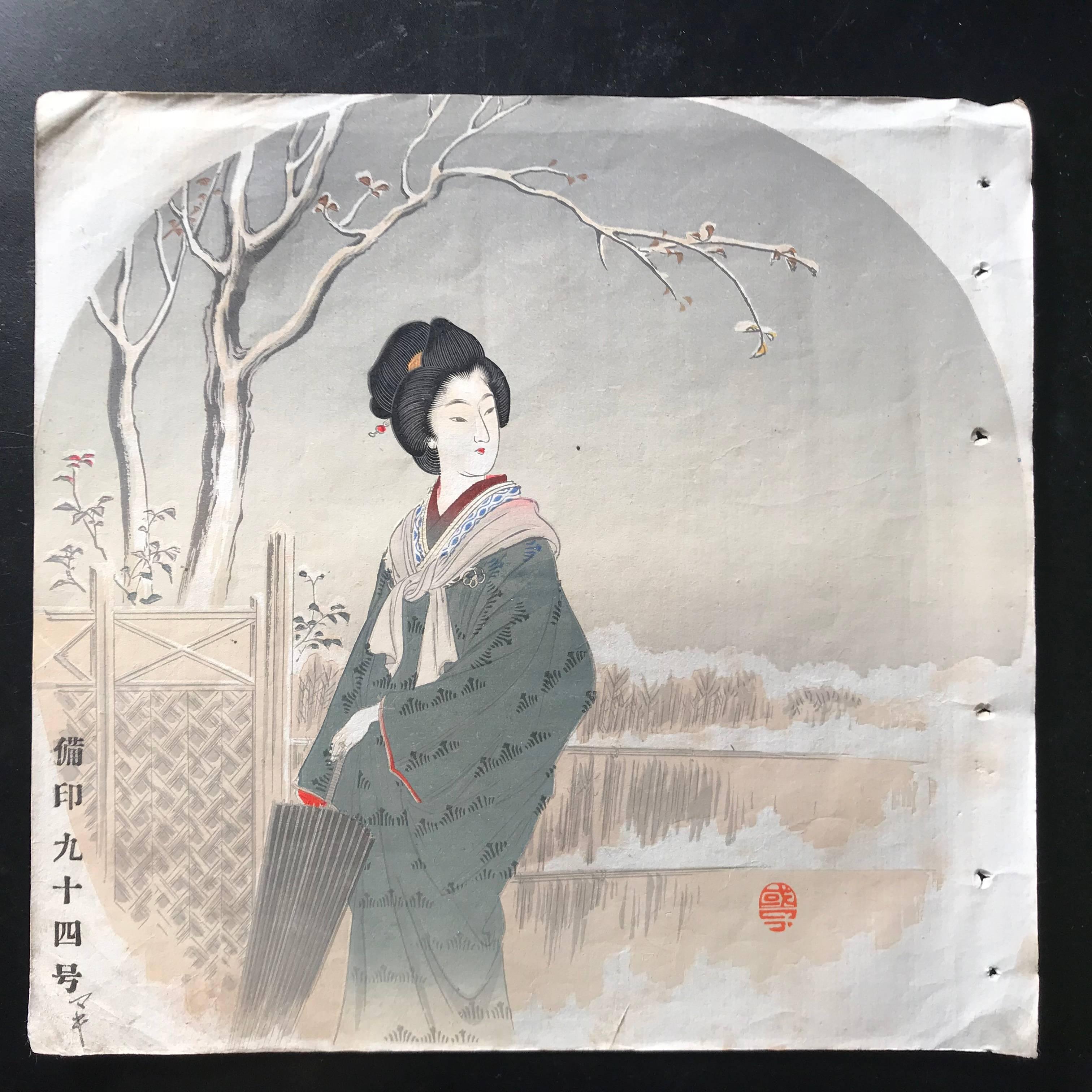 Japanese Antique Brilliant Colors Ten Woodblock Fan Prints Immediately Frameable 8