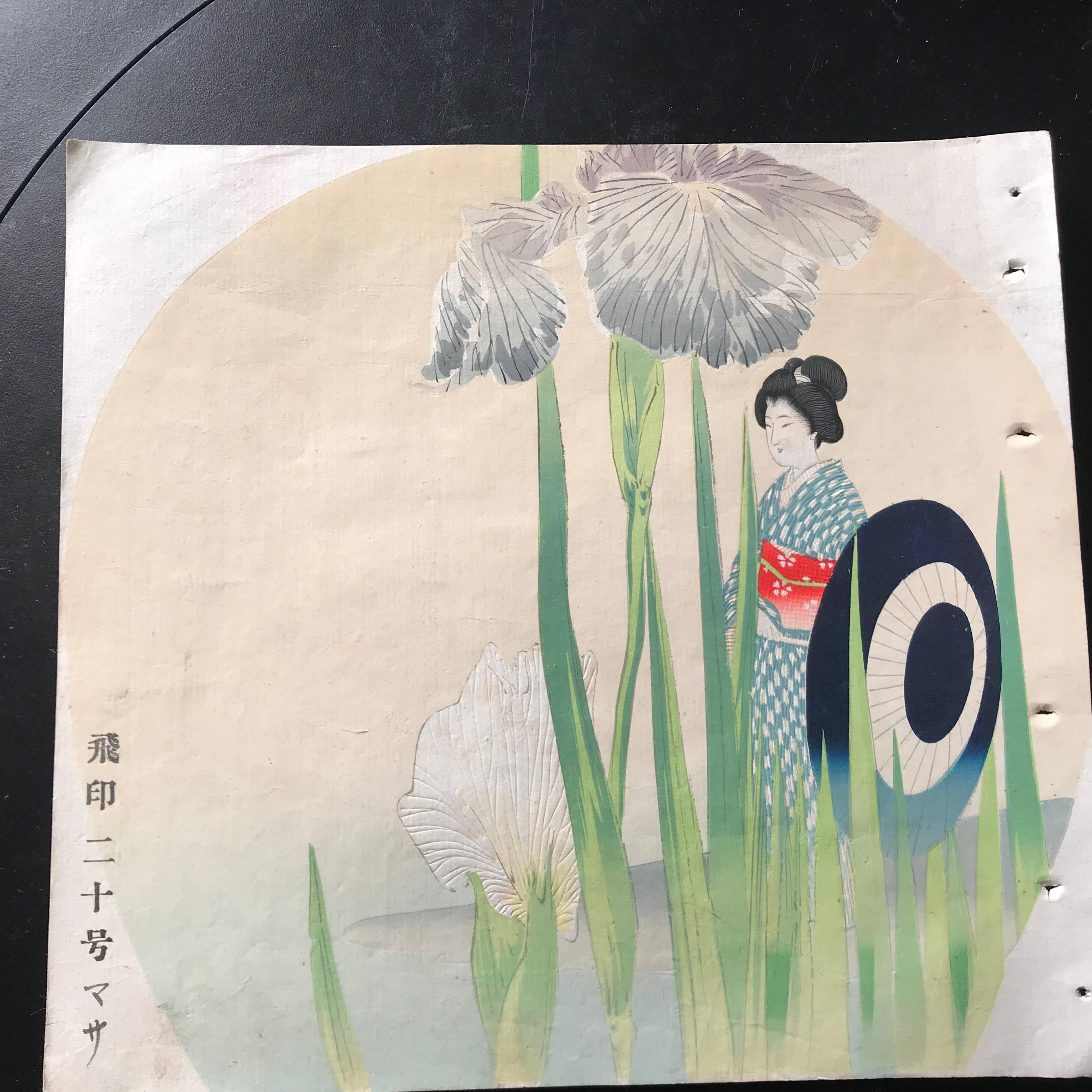 Japanese antique brilliant colors woodblock FAN prints, set of ten (10), Meiji period.
Immediately frameable. 

These exuberant woodblock Fan prints and designs were created to advertise and boost Japan's 19th century modernization and