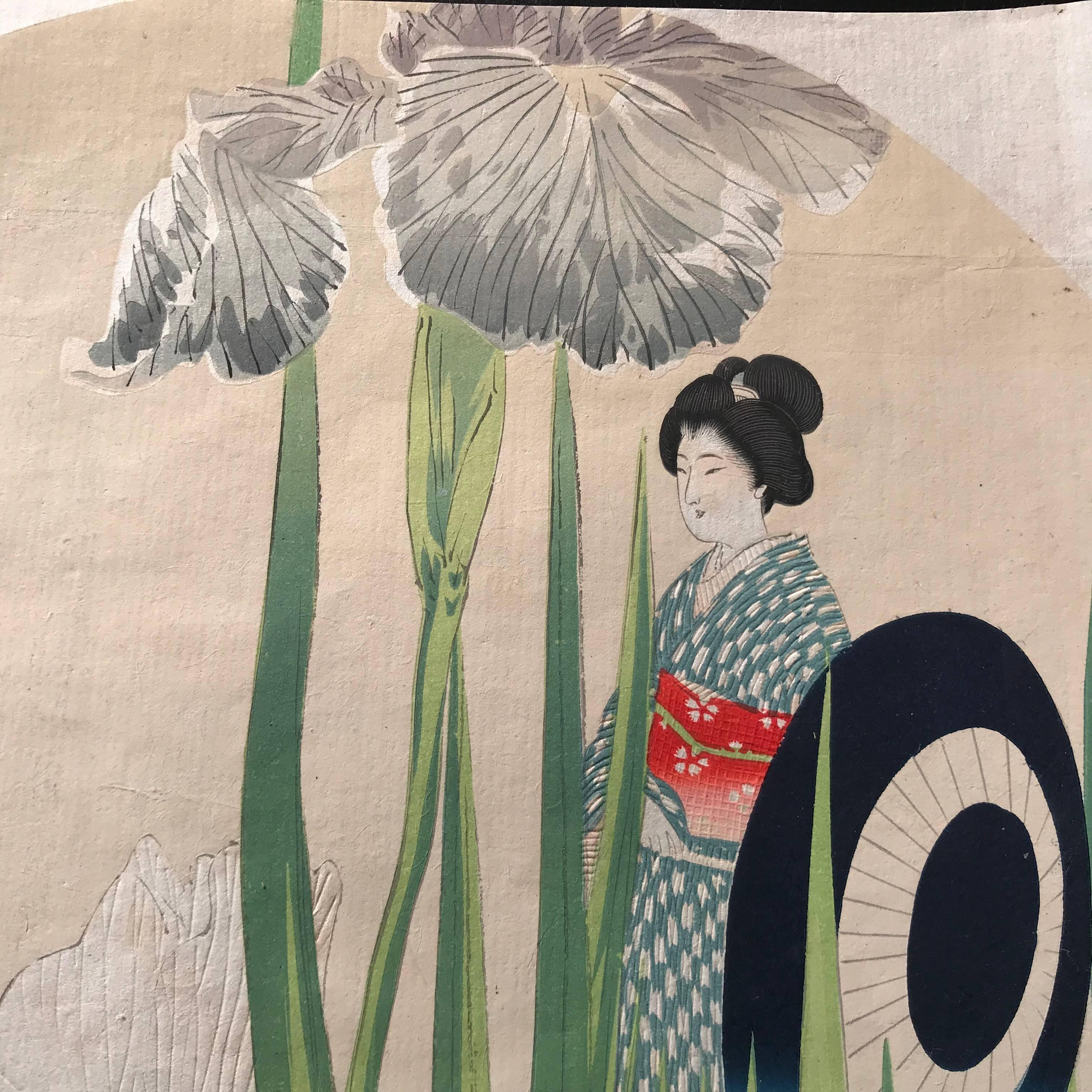 Japanese Antique Brilliant Colors Ten Woodblock Fan Prints Immediately Frameable 11